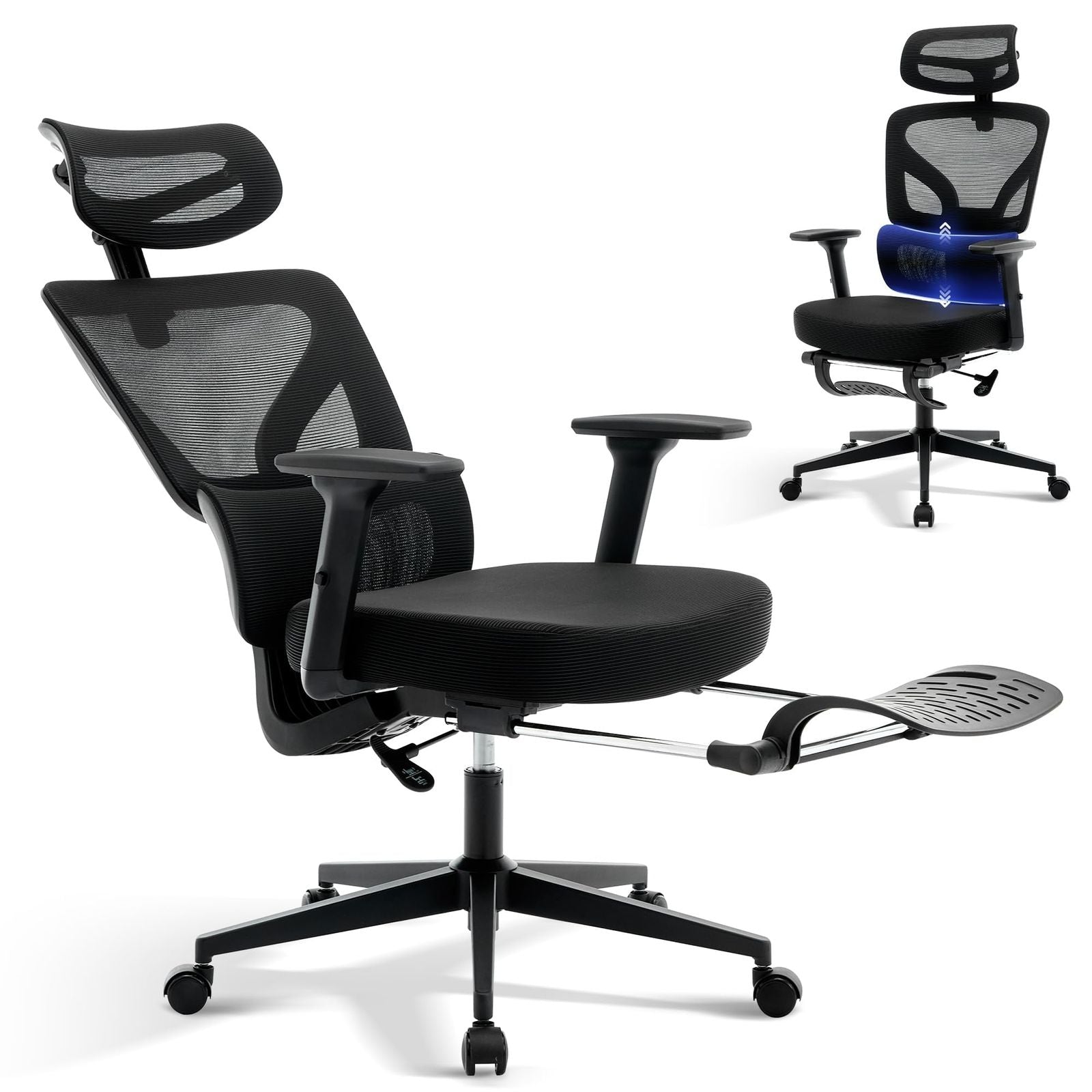 Ergonomic High-Back Office Chair with Adjustable 3D Armrests, Headrest & Lumbar Support - Breathable Mesh Swivel Computer Desk Chair Suitable for Home Office, Gaming, Heavy Duty, Suitable for Hard Floors, Assembly
