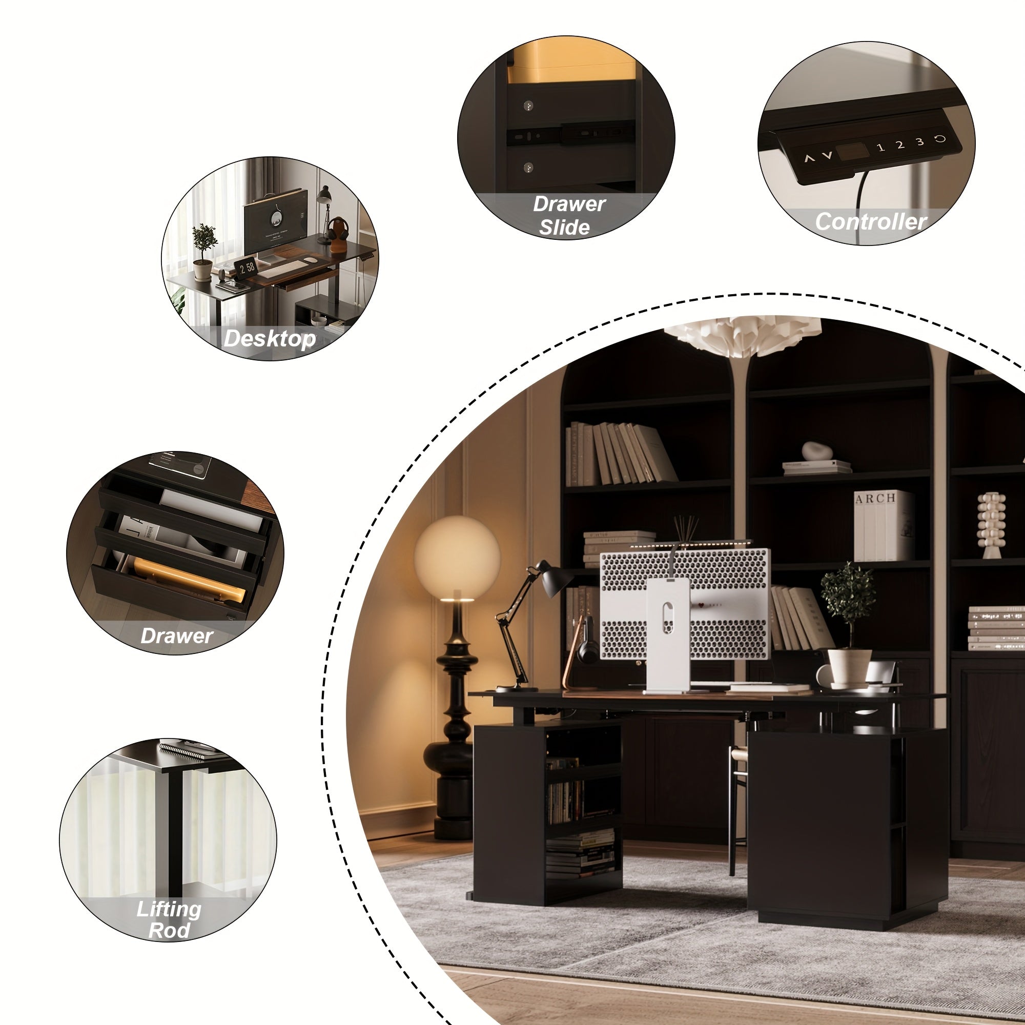 63-Inch Wide Electric Lift Desk Featuring Three Drawers And Open Shelving, Height Adjustable, Contemporary Office Desk with a Large Tabletop, Suitable for Computers And Executive Corner Use, Stylish Black Design