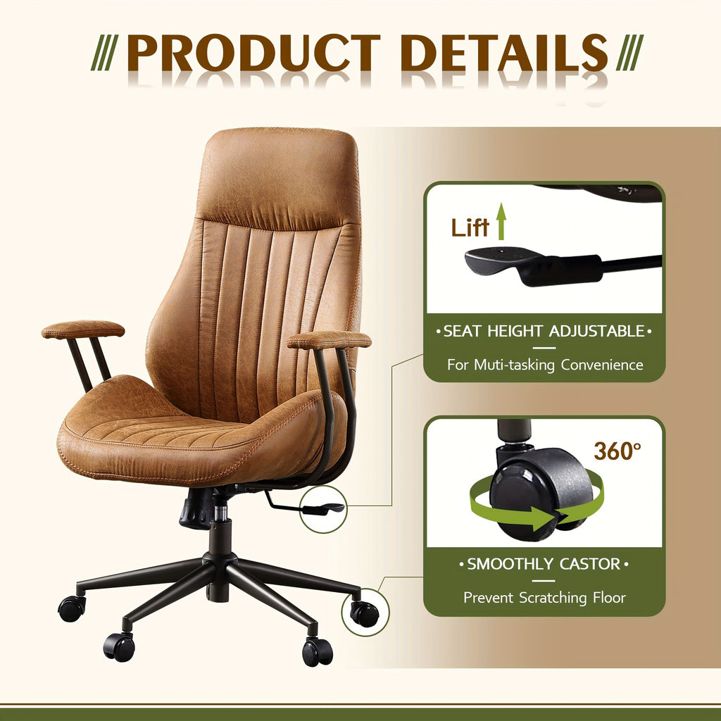 Ergonomic Office Chair with Adjustable Height, High Back Swivel Rolling Computer Chair for Home Office, Vintage Suede Fabric Executive Desk Chair with Comfortable Armrests and Lumbar Support