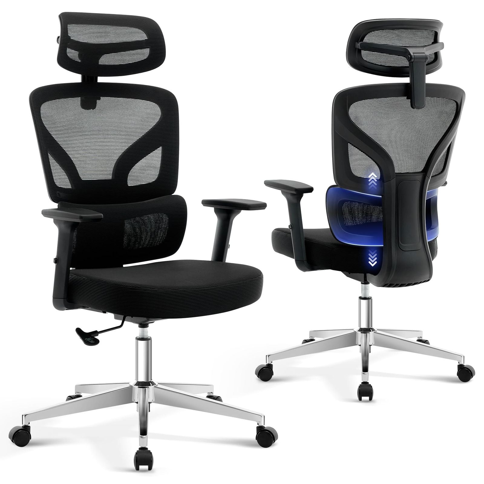 Ergonomic High-Back Office Chair with Adjustable 3D Armrests, Headrest & Lumbar Support - Breathable Mesh Swivel Computer Desk Chair Suitable for Home Office, Gaming, Heavy Duty, Suitable for Hard Floors, Assembly