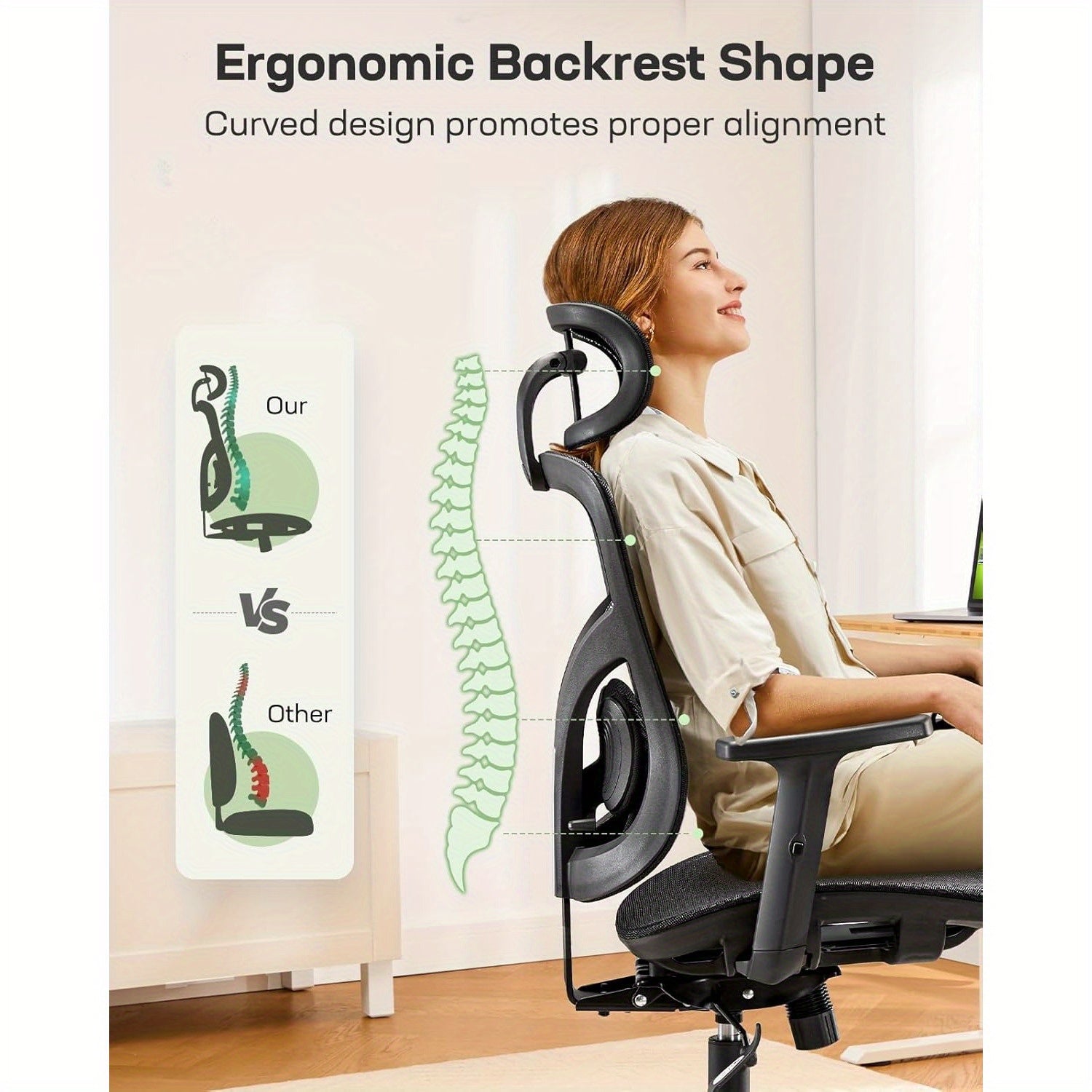 Ergonomic Mesh Office Chair | Mesh Computer Desk Chair with Adjustable Lumbar Support, 2D Headrest & Up and Down Armrest, Ergonomic Gaming Chair for Home Office, Black - PERLECARE