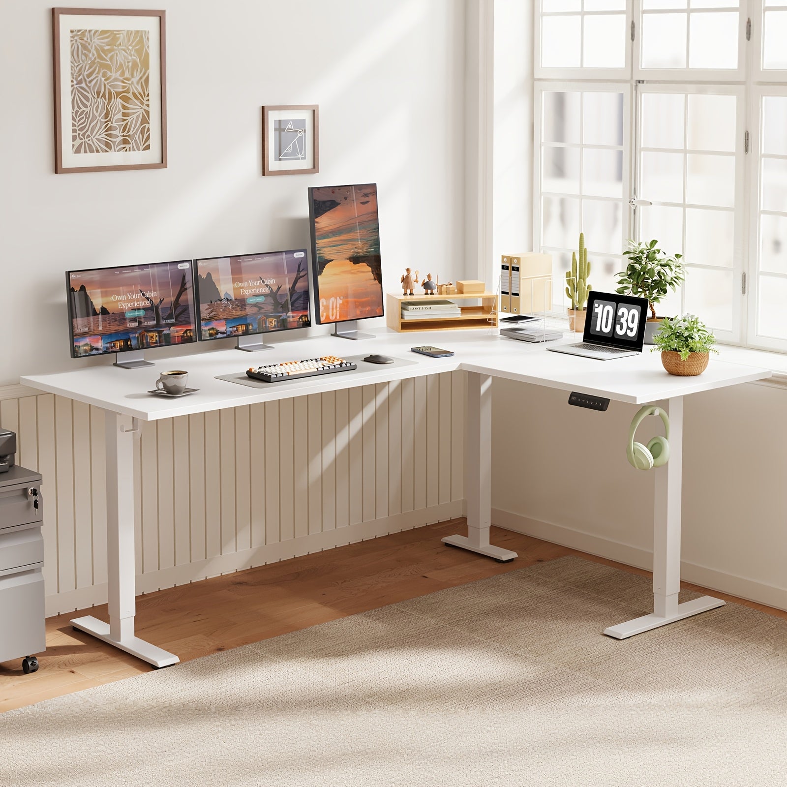 Electric L Shaped Standing Desk 63 Inch, Height Adjustable Corner Desk, Reversible Sit Stand Workstation For Home Office Or Reception Room