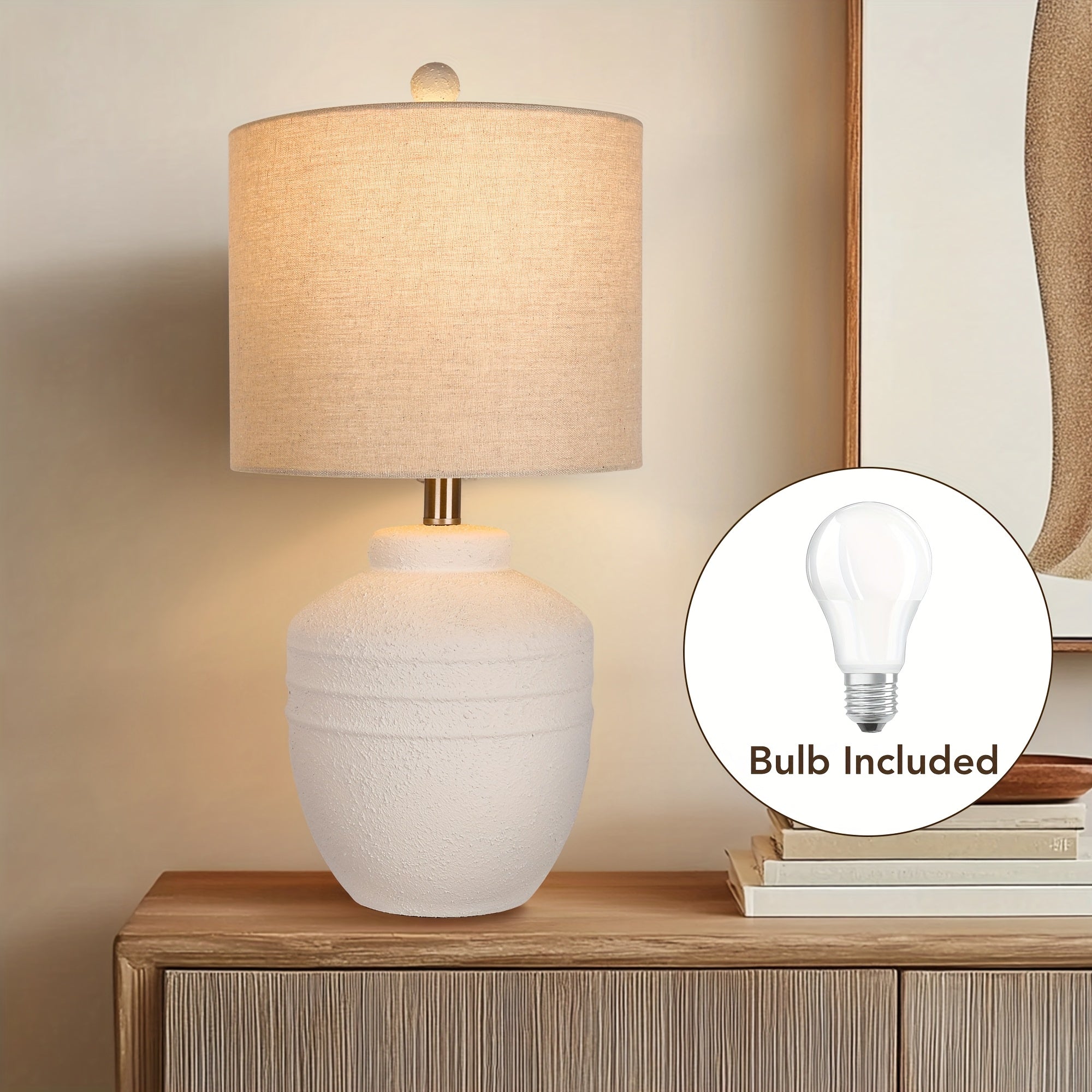 Farmhouse Jar Table Lamps 1pc, Rotary Switch Rustic Bedside Lamps with Beige Linen Shade NO Assembly Required, Pot Nightstand Lamps for Bedroom Living Room (LED Bulbs Included)