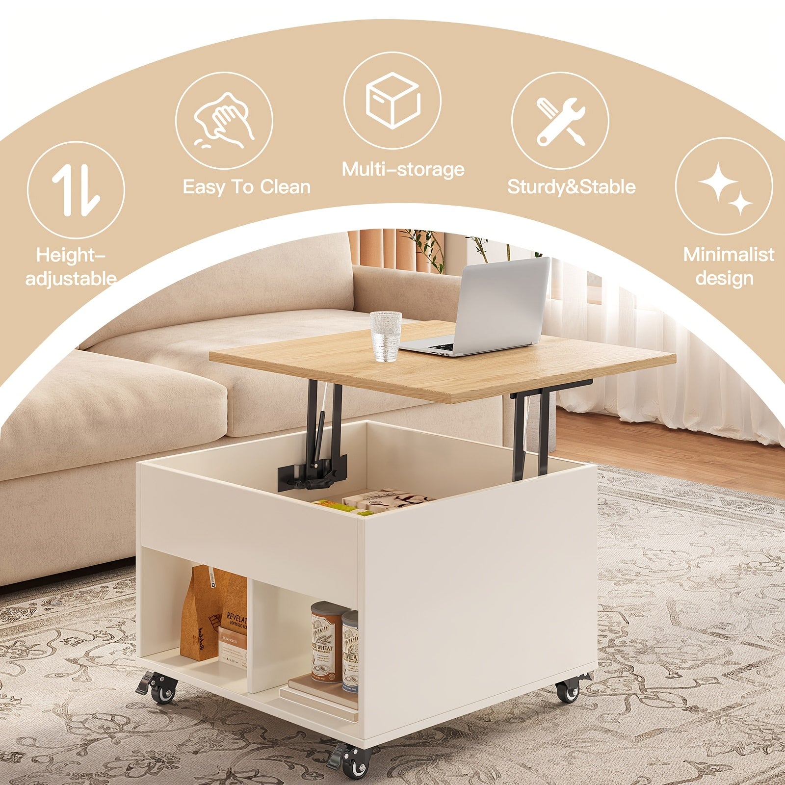 Lift-style Side Table with Storage Function | 23.62 Inches Square Adjustable Height, Lockable Casters, Modern Style with Hidden Storage Compartments, Suitable for Living Rooms, Bedrooms, and Sofas as a Mobile Coffee Table