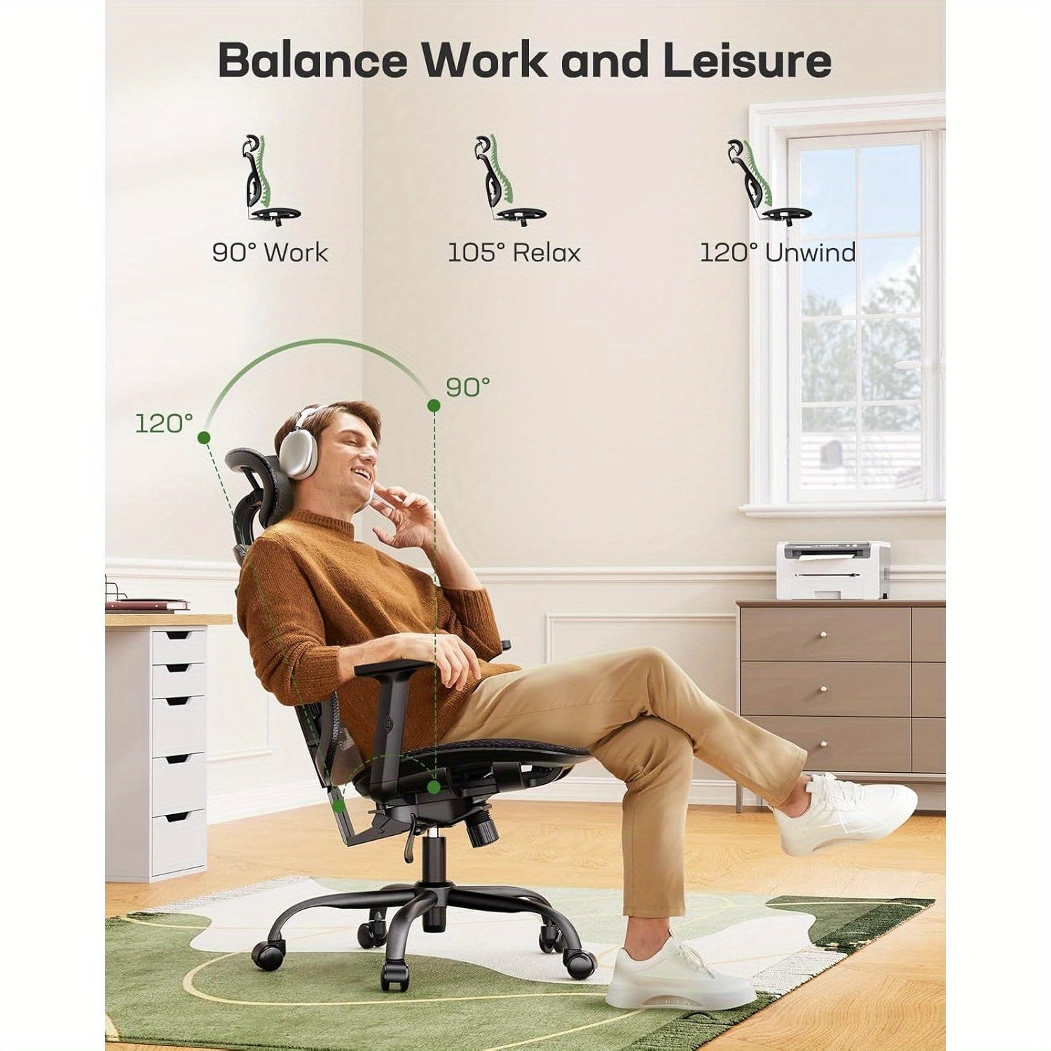 Ergonomic Mesh Office Chair | Mesh Computer Desk Chair with Adjustable Lumbar Support, 2D Headrest & Up and Down Armrest, Ergonomic Gaming Chair for Home Office, Black - PERLECARE