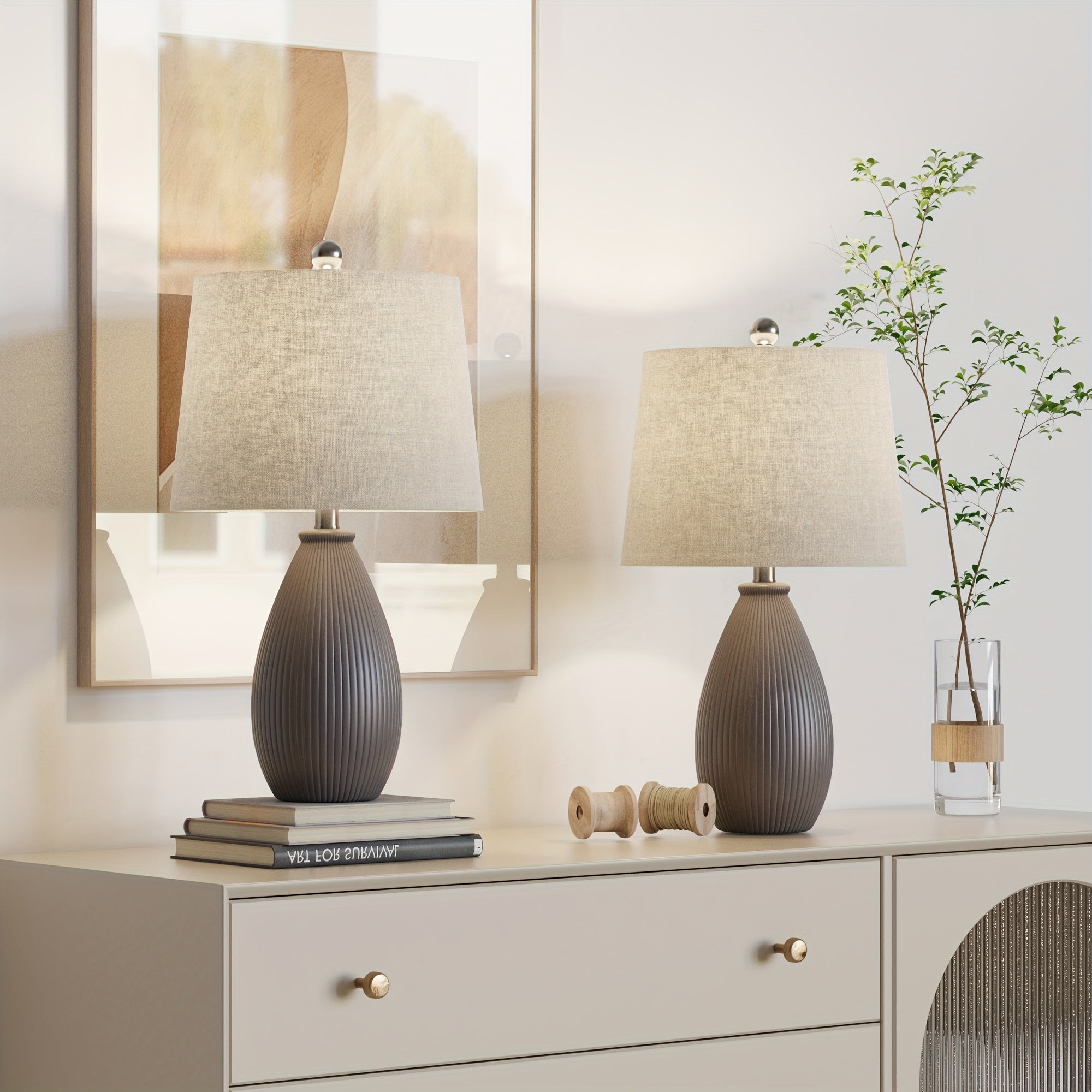 22 Inches Ceramic Table Lamps Set Of 2, 3-Way Dimmable Bedside Nightstand Lamps with Oatmeal Shade, Modern Grey\u002FBrown Desk Lamps for Bedroom, Living Room, Office, Study