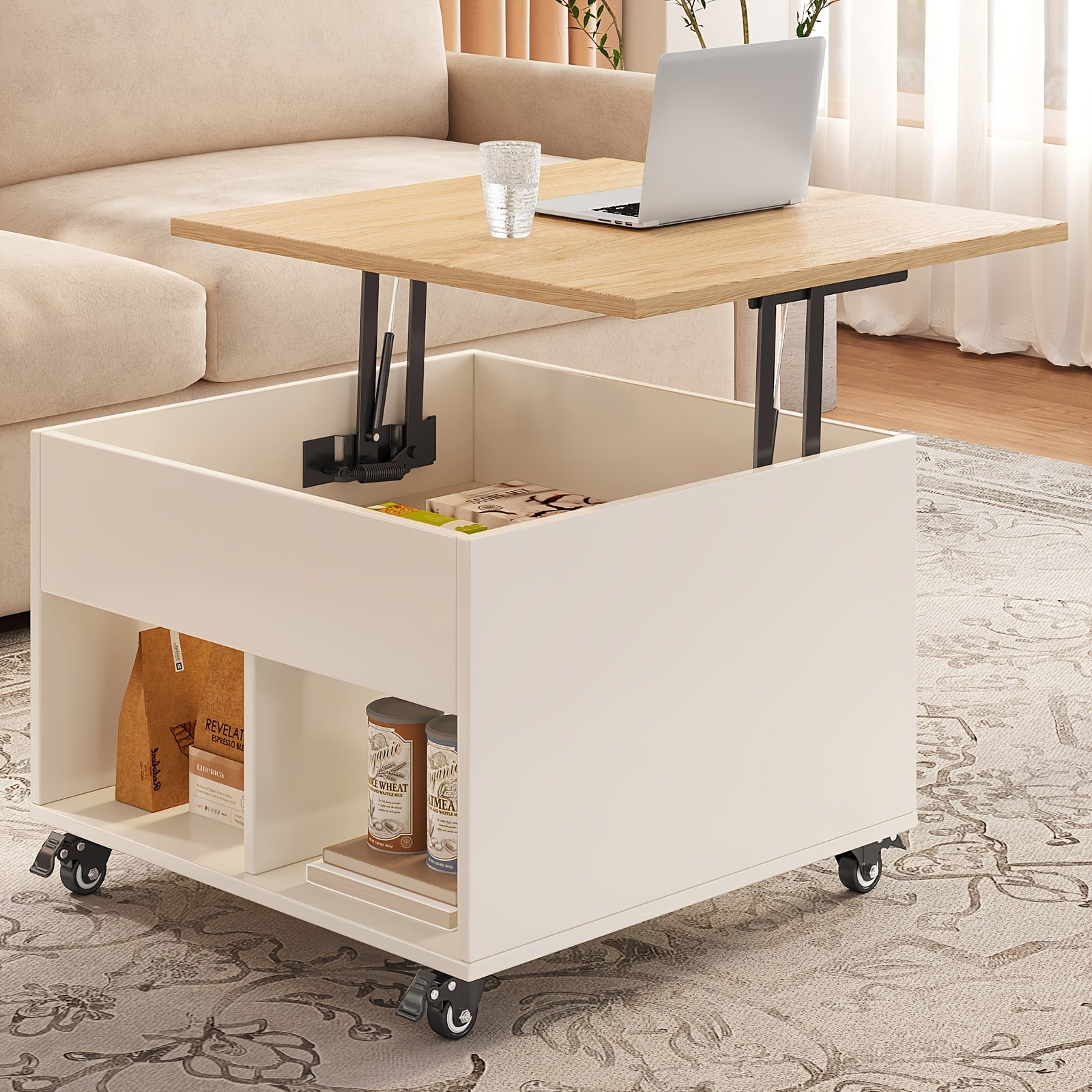 Lift-style Side Table with Storage Function | 23.62 Inches Square Adjustable Height, Lockable Casters, Modern Style with Hidden Storage Compartments, Suitable for Living Rooms, Bedrooms, and Sofas as a Mobile Coffee Table