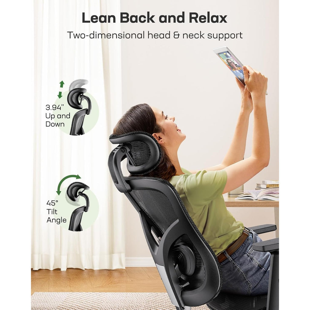 Ergonomic Mesh Office Chair | Mesh Computer Desk Chair with Adjustable Lumbar Support, 2D Headrest & Up and Down Armrest, Ergonomic Gaming Chair for Home Office, Black - PERLECARE