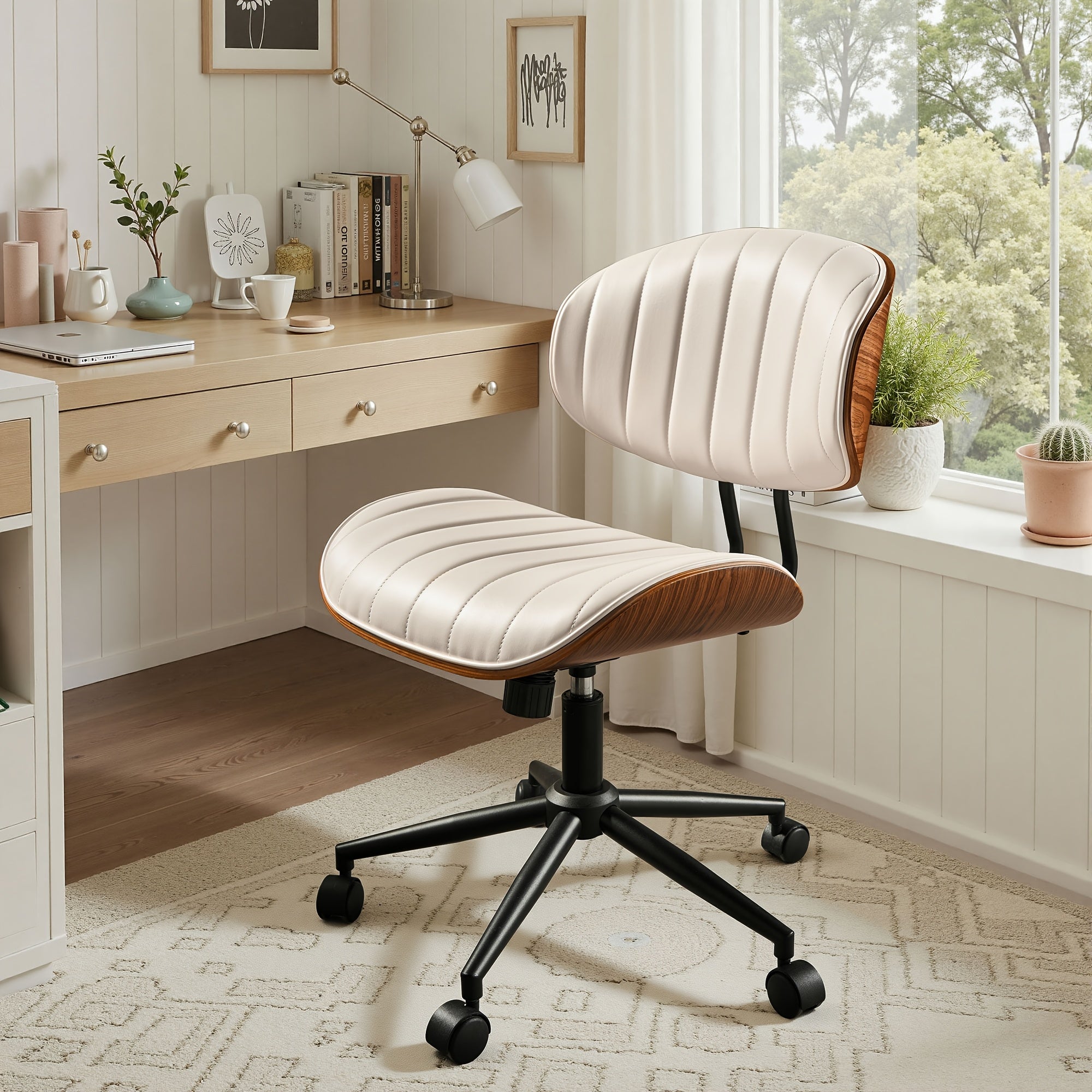Contemporary Curved Office Seat, Armless Faux Leather Desk Chair Ideal for Limited Areas, Faux Leather Ergonomic Mid-Century Modern Swivel Chair, Compact Computer & Task Chair for Home (Available in 2 Styles)