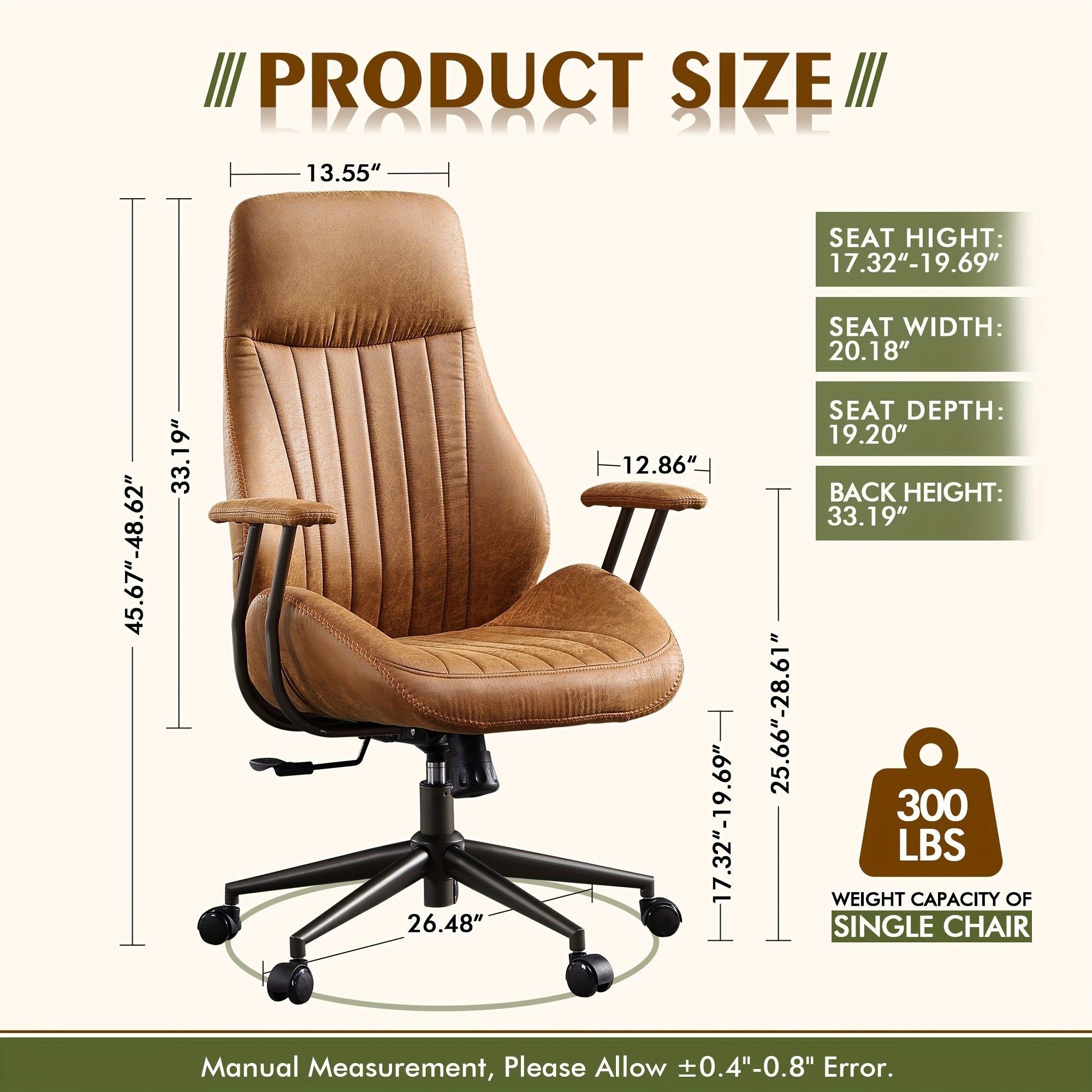 Ergonomic Office Chair with Adjustable Height, High Back Swivel Rolling Computer Chair for Home Office, Vintage Suede Fabric Executive Desk Chair with Comfortable Armrests and Lumbar Support