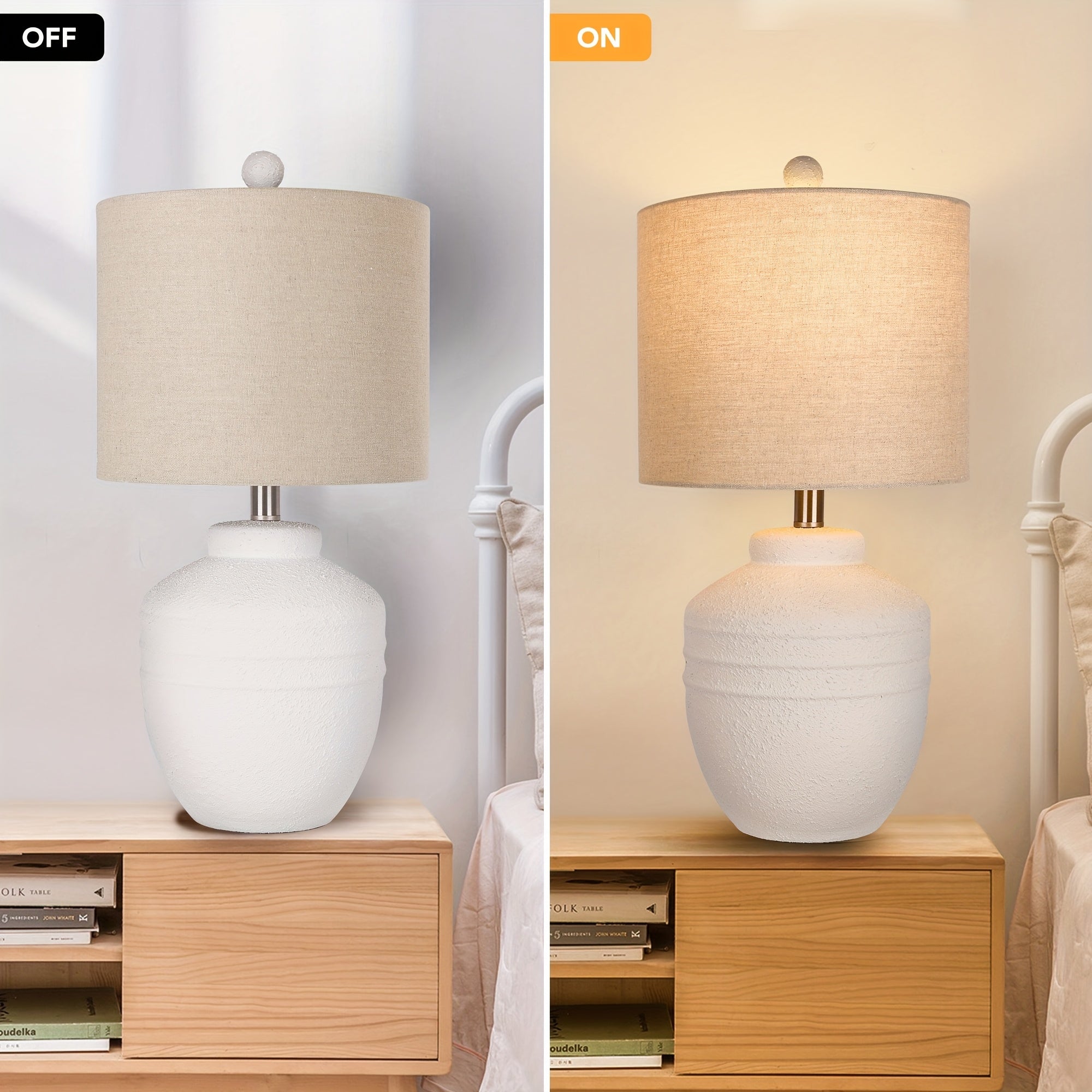 Farmhouse Jar Table Lamps 1pc, Rotary Switch Rustic Bedside Lamps with Beige Linen Shade NO Assembly Required, Pot Nightstand Lamps for Bedroom Living Room (LED Bulbs Included)