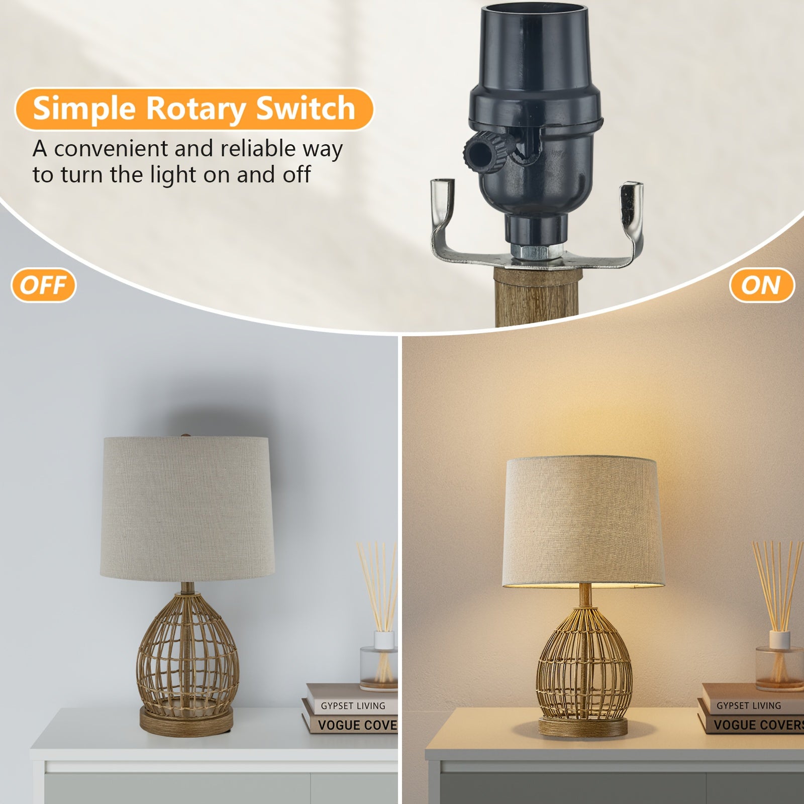 23-Inch White Table Lamp, Rustic Style Resin Bedside Lamp, Dimmable Side Table Lamp with White Lampshade, Suitable for Living Room, Bedroom, Study, and Office