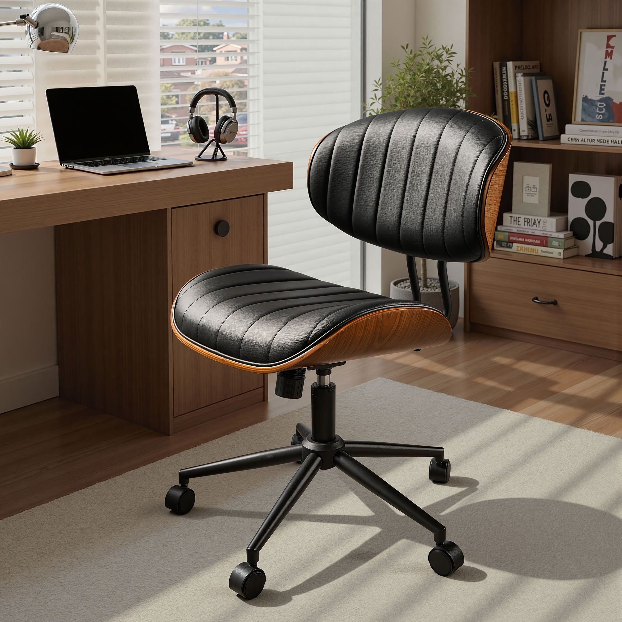 Contemporary Curved Office Seat, Armless Faux Leather Desk Chair Ideal for Limited Areas, Faux Leather Ergonomic Mid-Century Modern Swivel Chair, Compact Computer & Task Chair for Home (Available in 2 Styles)