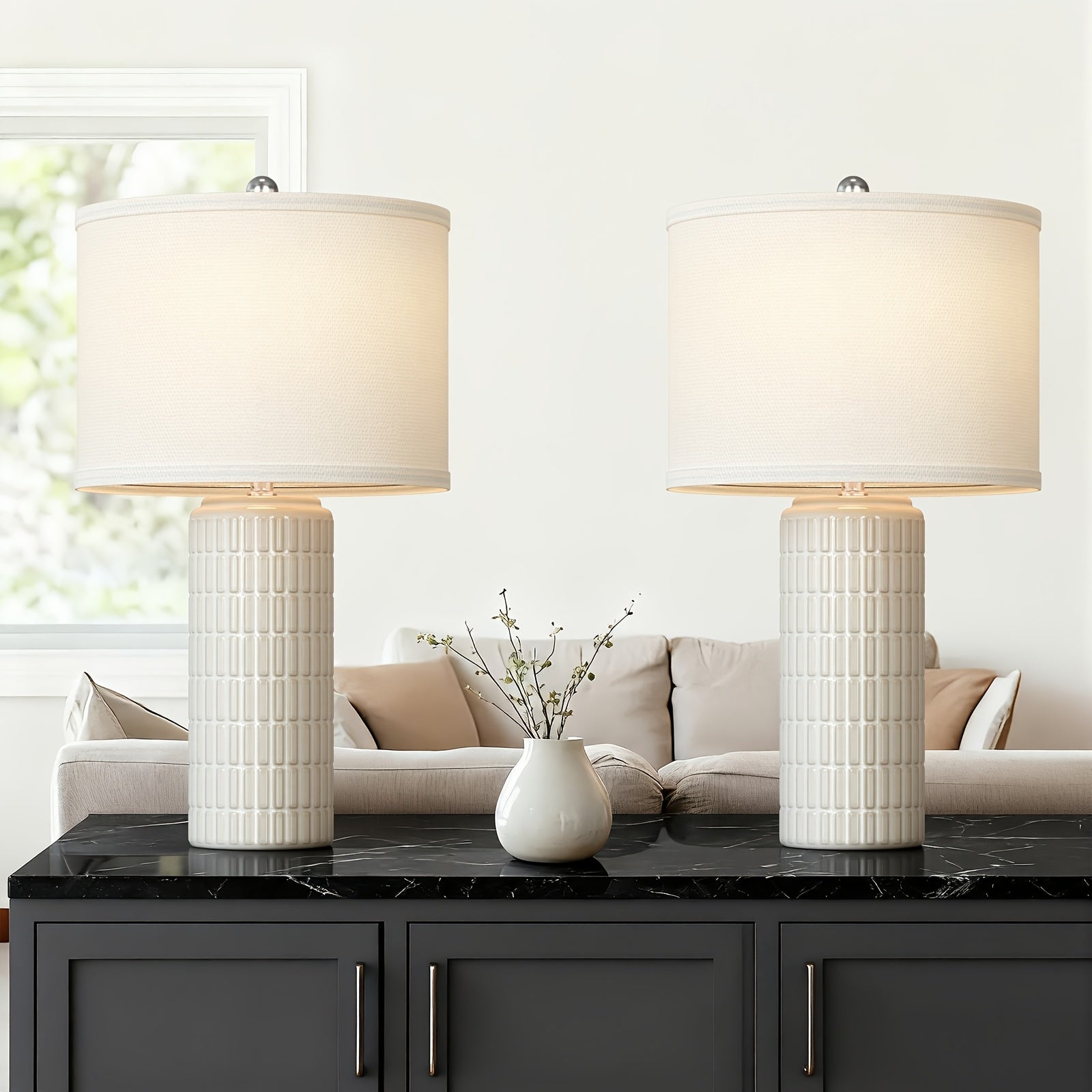 23 Inch Ceramic Table Lamp Set of 2 | Modern Farmhouse Style with White Bedside Lamps for Living Room, Bedroom, Office Desk Decor, Adjustable Lighting with Drum Fabric Shade, Ideal for Reading, Gift Idea