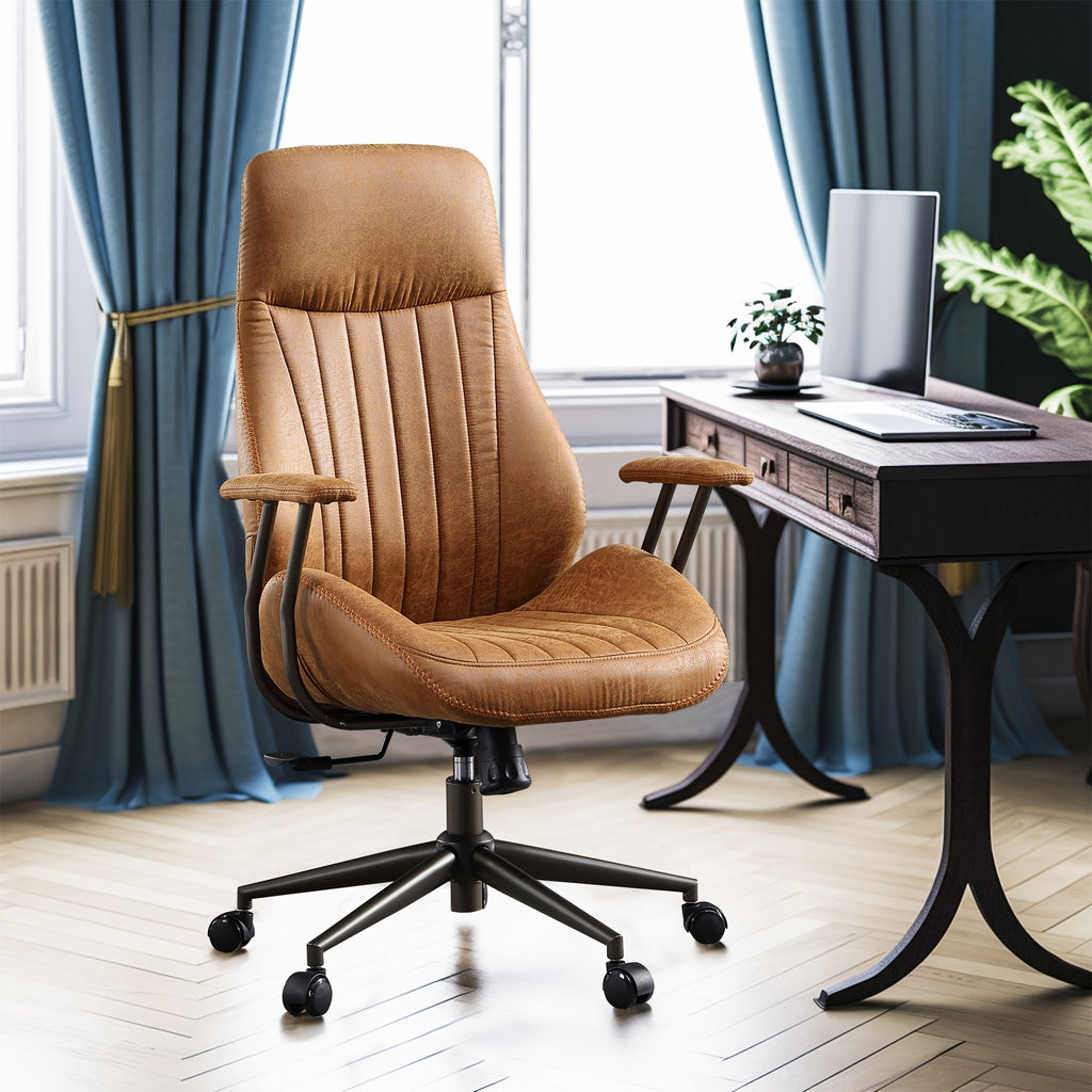 Ergonomic Office Chair with Adjustable Height, High Back Swivel Rolling Computer Chair for Home Office, Vintage Suede Fabric Executive Desk Chair with Comfortable Armrests and Lumbar Support