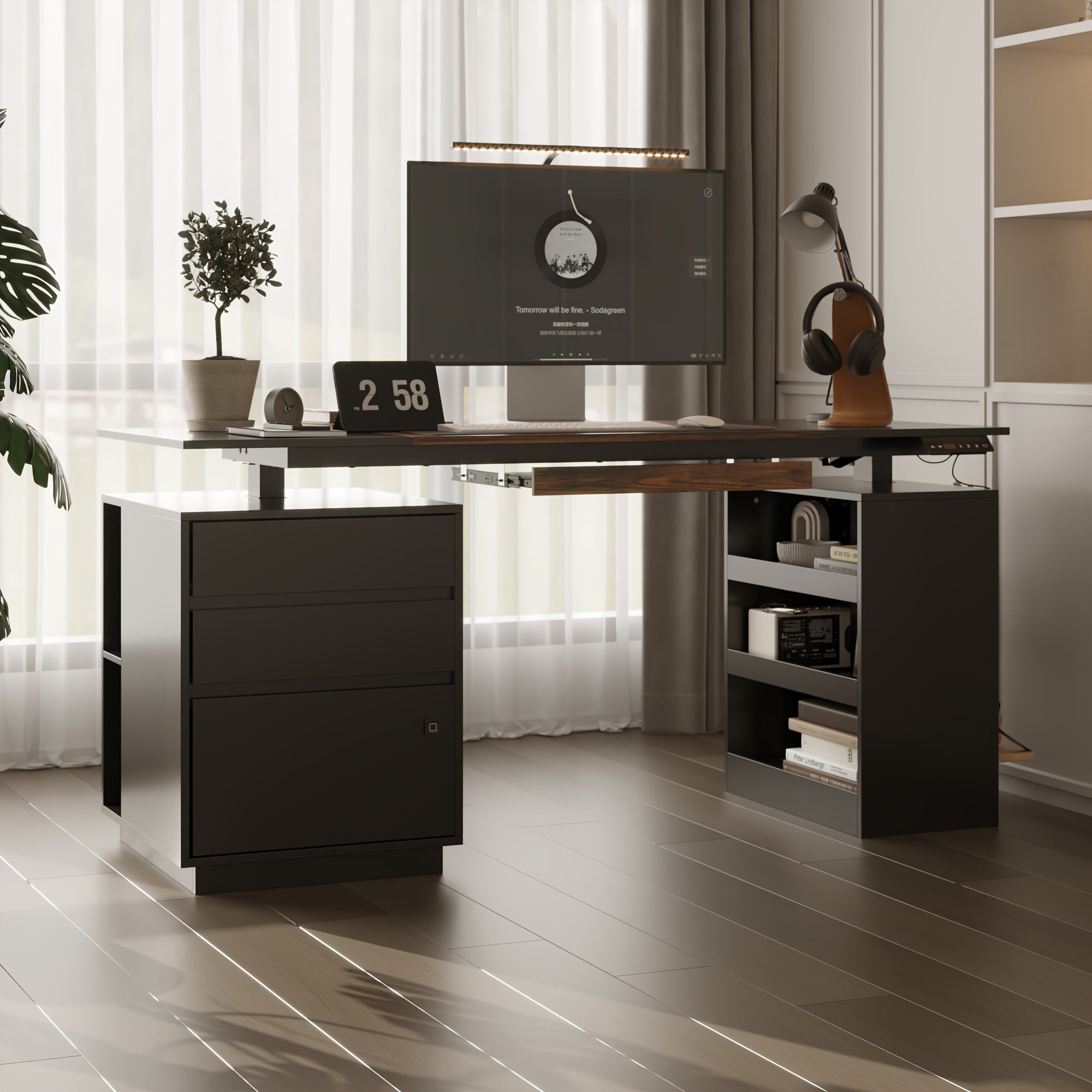 63-Inch Wide Electric Lift Desk Featuring Three Drawers And Open Shelving, Height Adjustable, Contemporary Office Desk with a Large Tabletop, Suitable for Computers And Executive Corner Use, Stylish Black Design