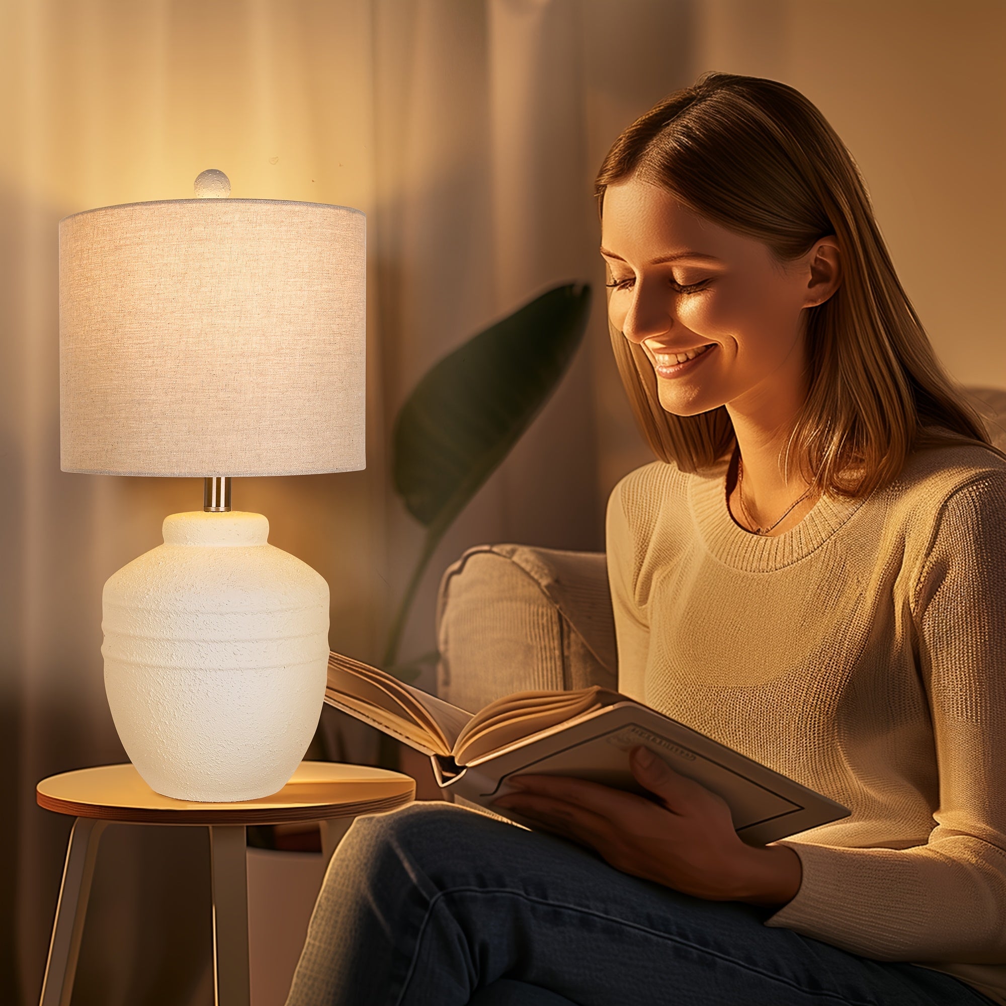 Farmhouse Jar Table Lamps 1pc, Rotary Switch Rustic Bedside Lamps with Beige Linen Shade NO Assembly Required, Pot Nightstand Lamps for Bedroom Living Room (LED Bulbs Included)