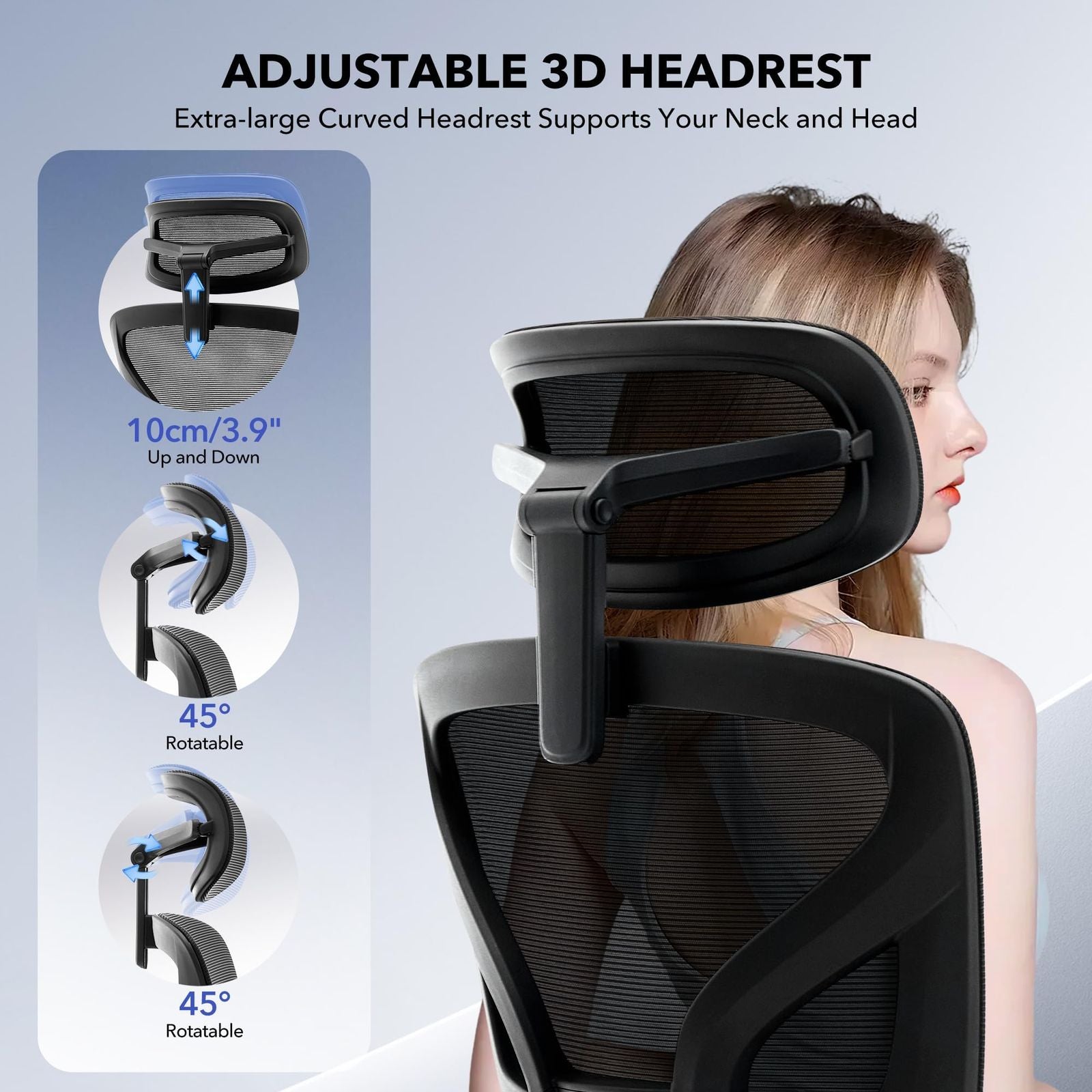 Ergonomic High-Back Office Chair with Adjustable 3D Armrests, Headrest & Lumbar Support - Breathable Mesh Swivel Computer Desk Chair Suitable for Home Office, Gaming, Heavy Duty, Suitable for Hard Floors, Assembly