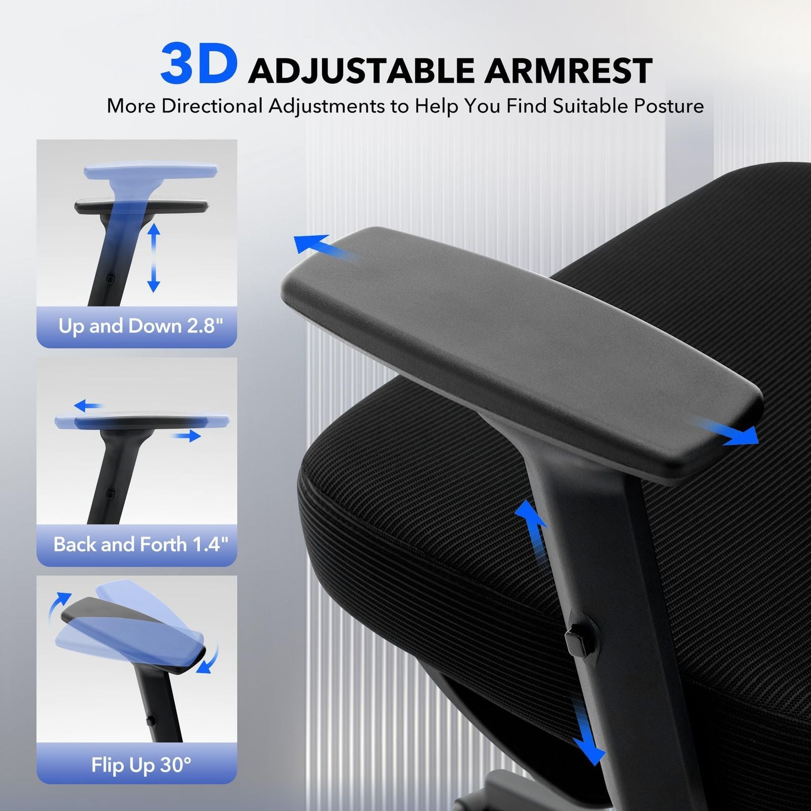 Ergonomic High-Back Office Chair with Adjustable 3D Armrests, Headrest & Lumbar Support - Breathable Mesh Swivel Computer Desk Chair Suitable for Home Office, Gaming, Heavy Duty, Suitable for Hard Floors, Assembly