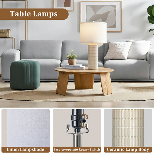 23 Inch Ceramic Table Lamp Set of 2 | Modern Farmhouse Style with White Bedside Lamps for Living Room, Bedroom, Office Desk Decor, Adjustable Lighting with Drum Fabric Shade, Ideal for Reading, Gift Idea