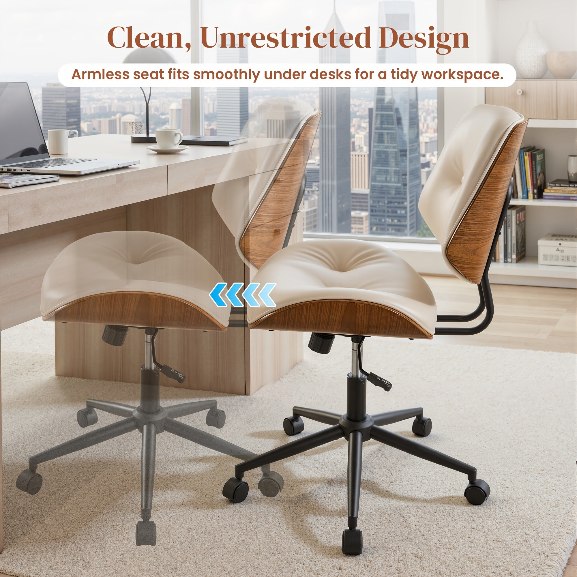 Contemporary Curved Office Seat, Armless Faux Leather Desk Chair Ideal for Limited Areas, Faux Leather Ergonomic Mid-Century Modern Swivel Chair, Compact Computer & Task Chair for Home (Available in 2 Styles)