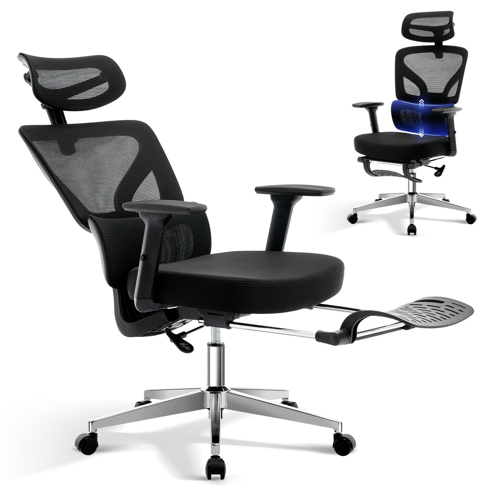 Ergonomic High-Back Office Chair with Adjustable 3D Armrests, Headrest & Lumbar Support - Breathable Mesh Swivel Computer Desk Chair Suitable for Home Office, Gaming, Heavy Duty, Suitable for Hard Floors, Assembly
