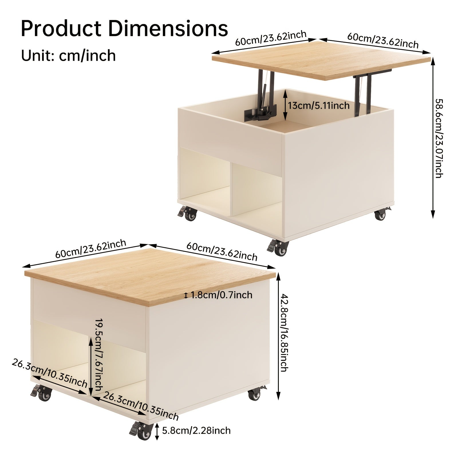 Lift-style Side Table with Storage Function | 23.62 Inches Square Adjustable Height, Lockable Casters, Modern Style with Hidden Storage Compartments, Suitable for Living Rooms, Bedrooms, and Sofas as a Mobile Coffee Table
