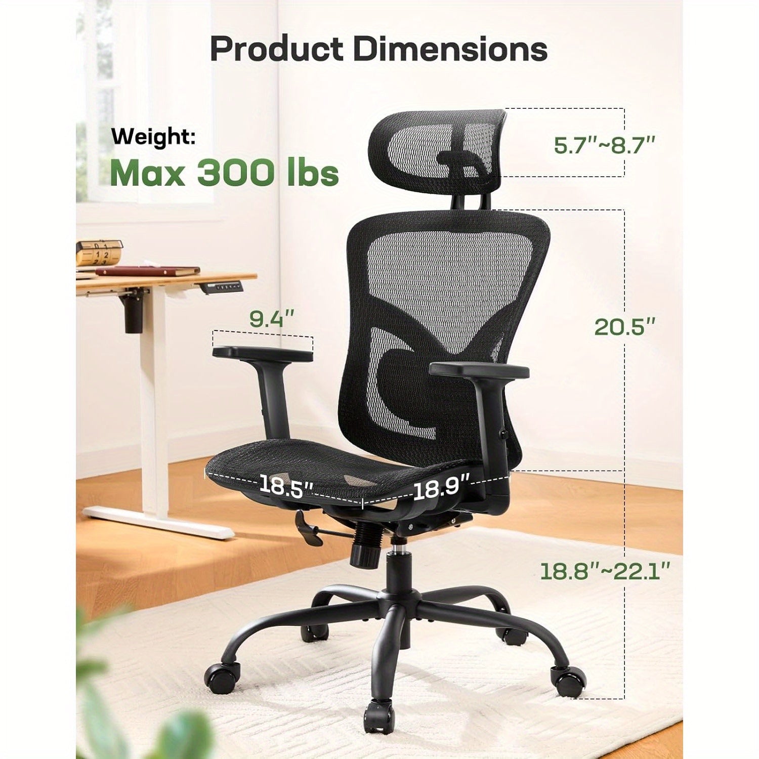 Ergonomic Mesh Office Chair | Mesh Computer Desk Chair with Adjustable Lumbar Support, 2D Headrest & Up and Down Armrest, Ergonomic Gaming Chair for Home Office, Black - PERLECARE