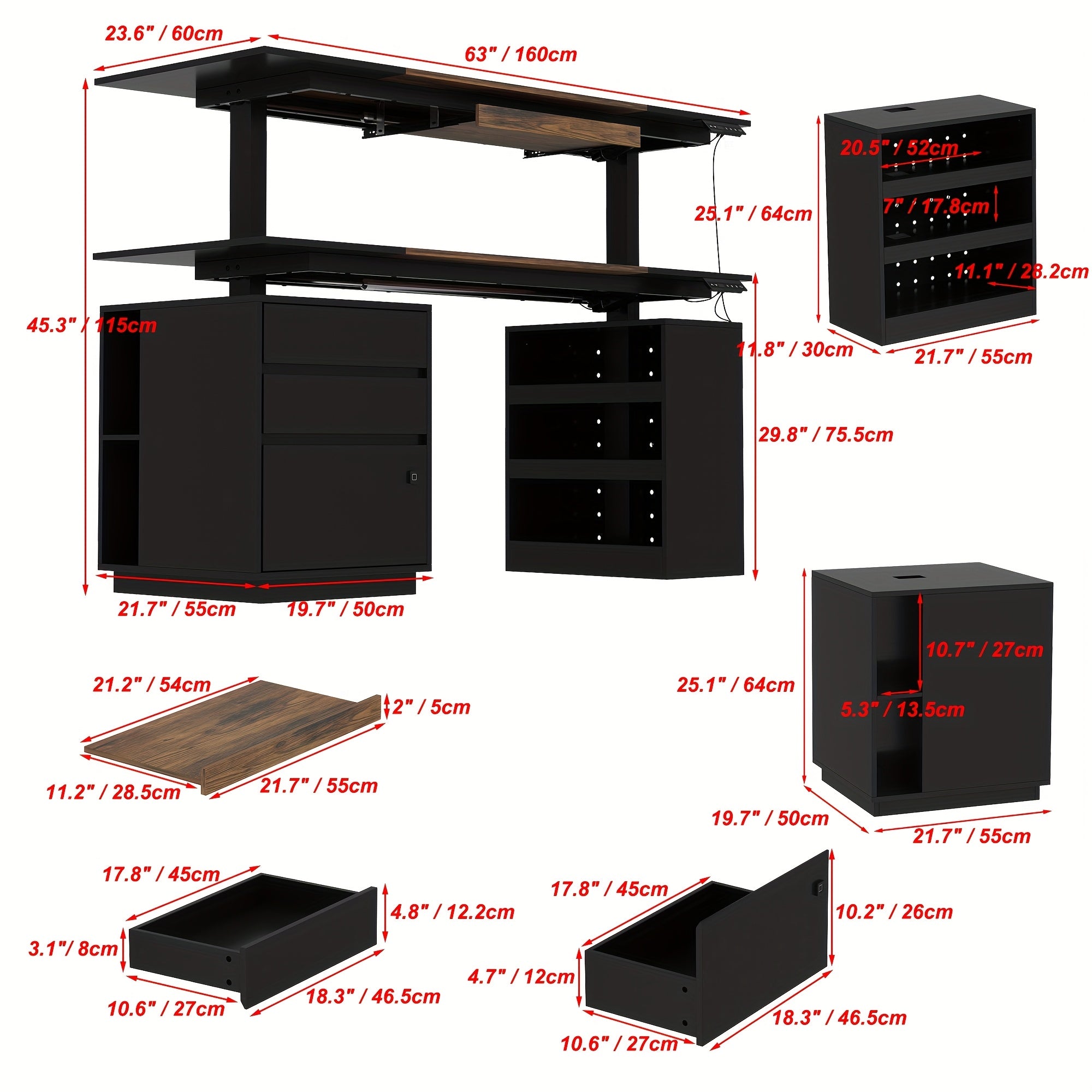 63-Inch Wide Electric Lift Desk Featuring Three Drawers And Open Shelving, Height Adjustable, Contemporary Office Desk with a Large Tabletop, Suitable for Computers And Executive Corner Use, Stylish Black Design