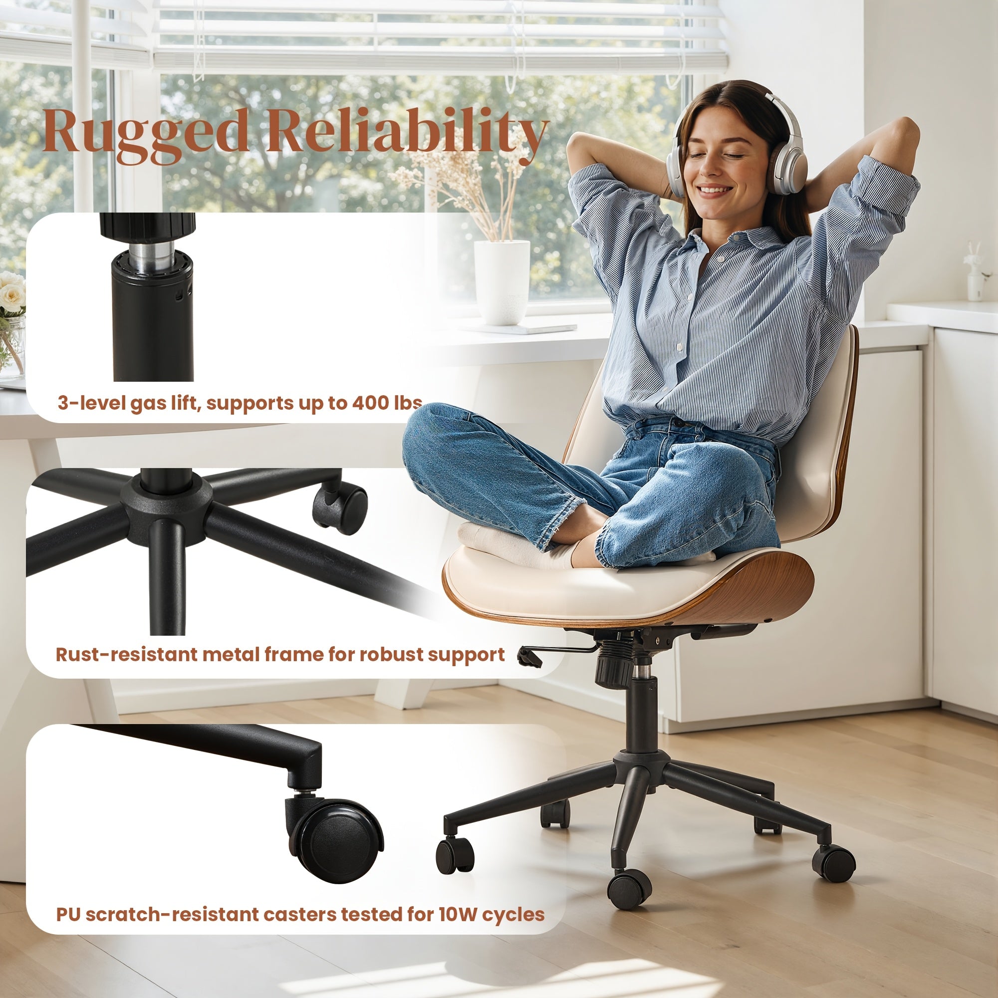 Contemporary Curved Office Seat, Armless Faux Leather Desk Chair Ideal for Limited Areas, Faux Leather Ergonomic Mid-Century Modern Swivel Chair, Compact Computer & Task Chair for Home (Available in 2 Styles)