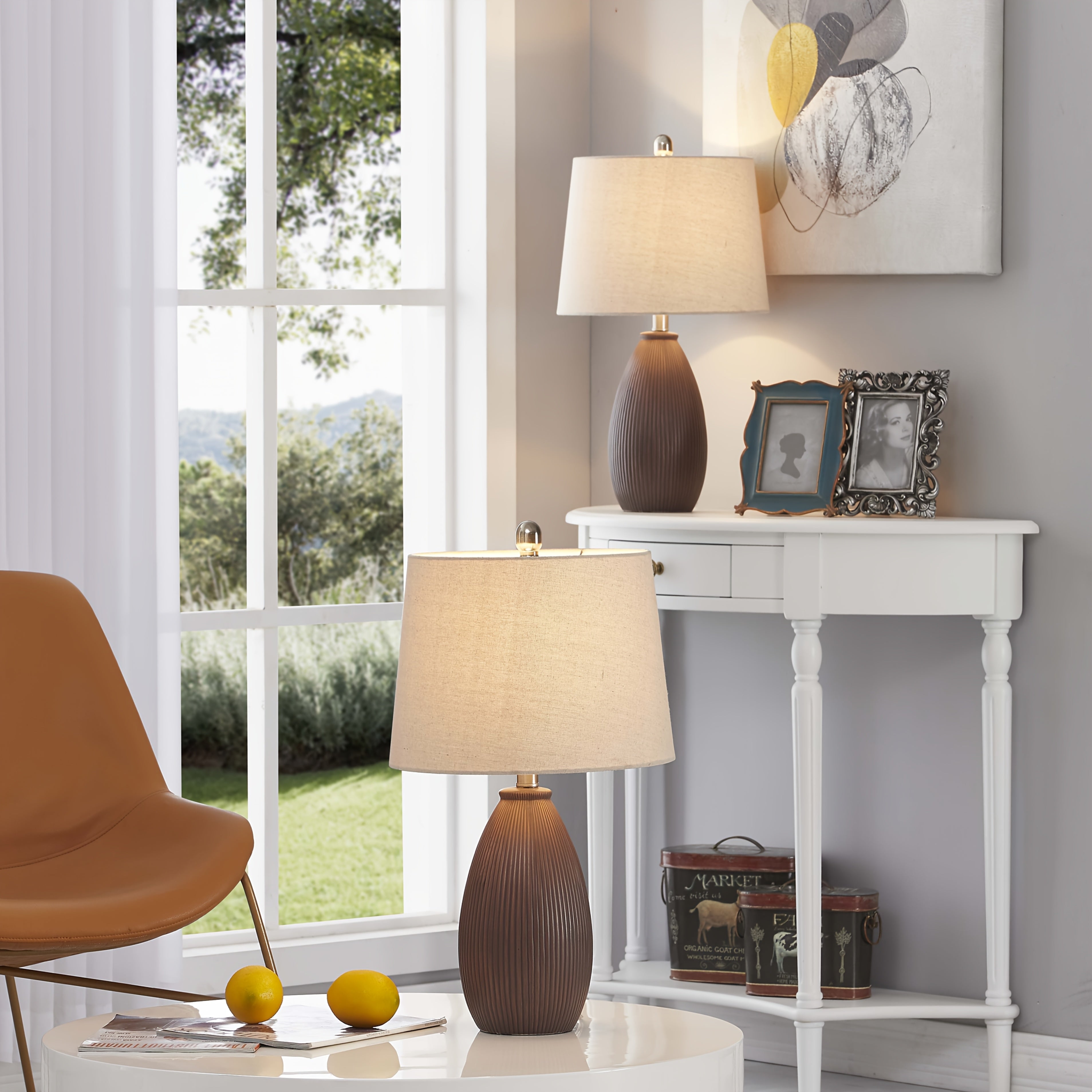 22 Inches Ceramic Table Lamps Set Of 2, 3-Way Dimmable Bedside Nightstand Lamps with Oatmeal Shade, Modern Grey\u002FBrown Desk Lamps for Bedroom, Living Room, Office, Study