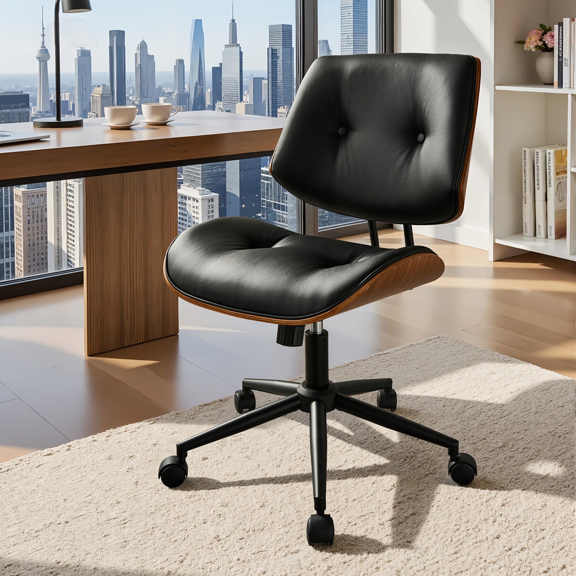 Contemporary Curved Office Seat, Armless Faux Leather Desk Chair Ideal for Limited Areas, Faux Leather Ergonomic Mid-Century Modern Swivel Chair, Compact Computer & Task Chair for Home (Available in 2 Styles)