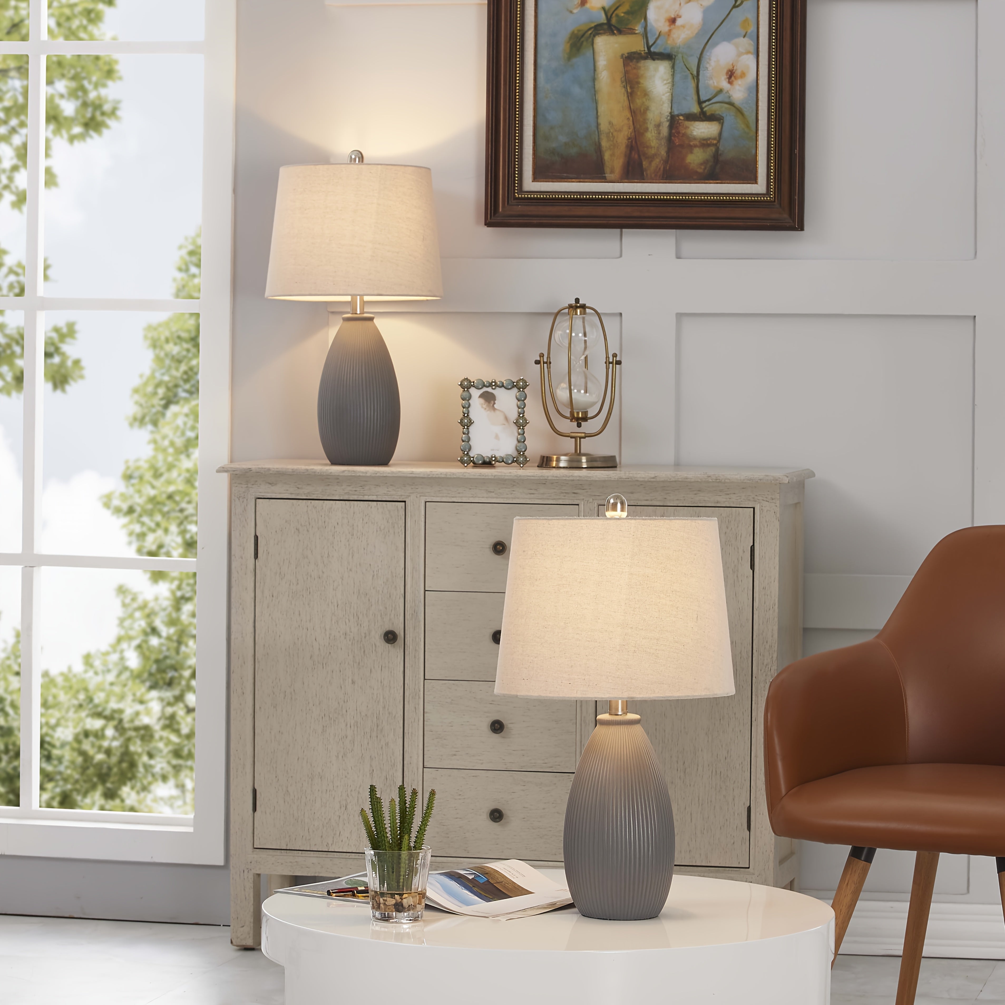 22 Inches Ceramic Table Lamps Set Of 2, 3-Way Dimmable Bedside Nightstand Lamps with Oatmeal Shade, Modern Grey\u002FBrown Desk Lamps for Bedroom, Living Room, Office, Study