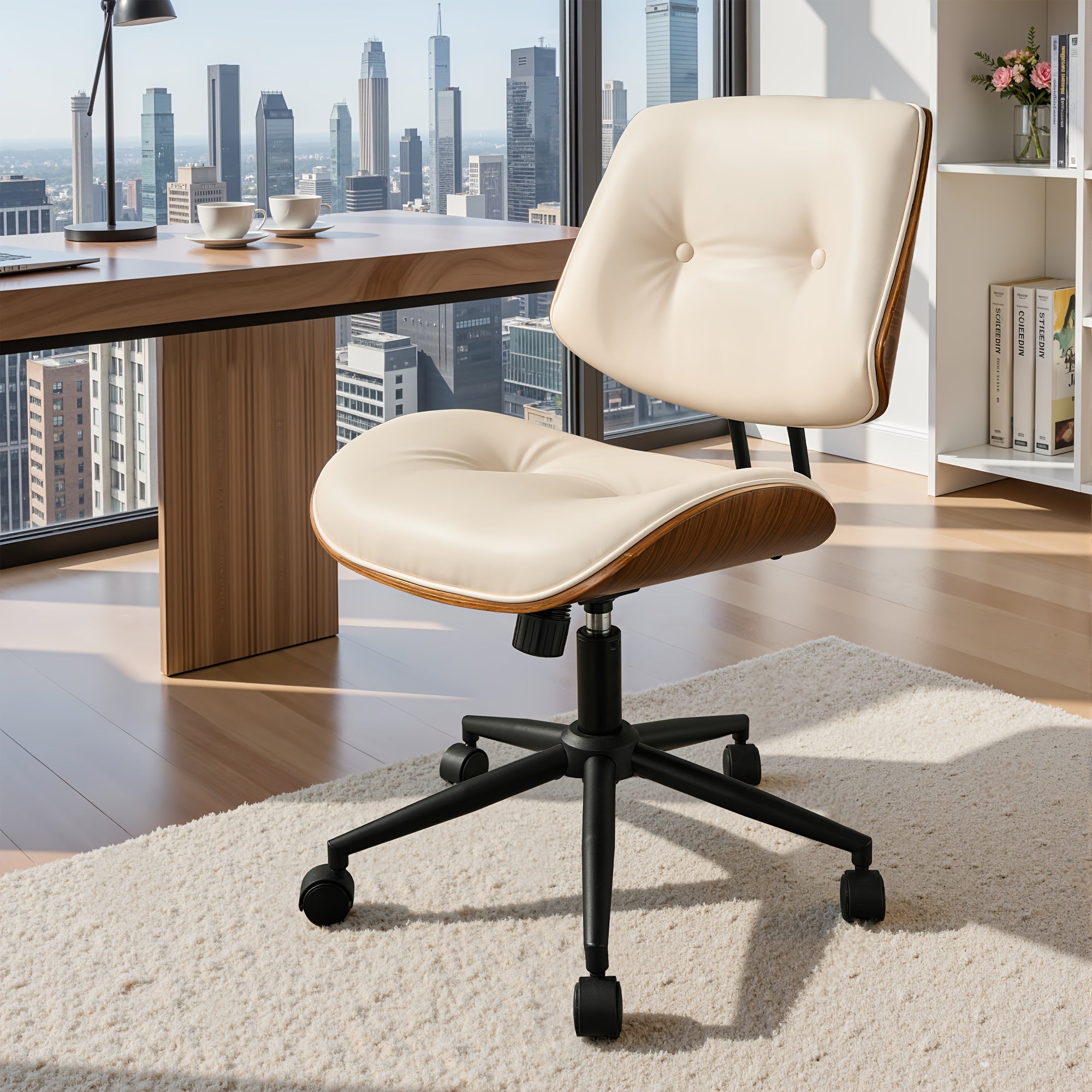 Contemporary Curved Office Seat, Armless Faux Leather Desk Chair Ideal for Limited Areas, Faux Leather Ergonomic Mid-Century Modern Swivel Chair, Compact Computer & Task Chair for Home (Available in 2 Styles)
