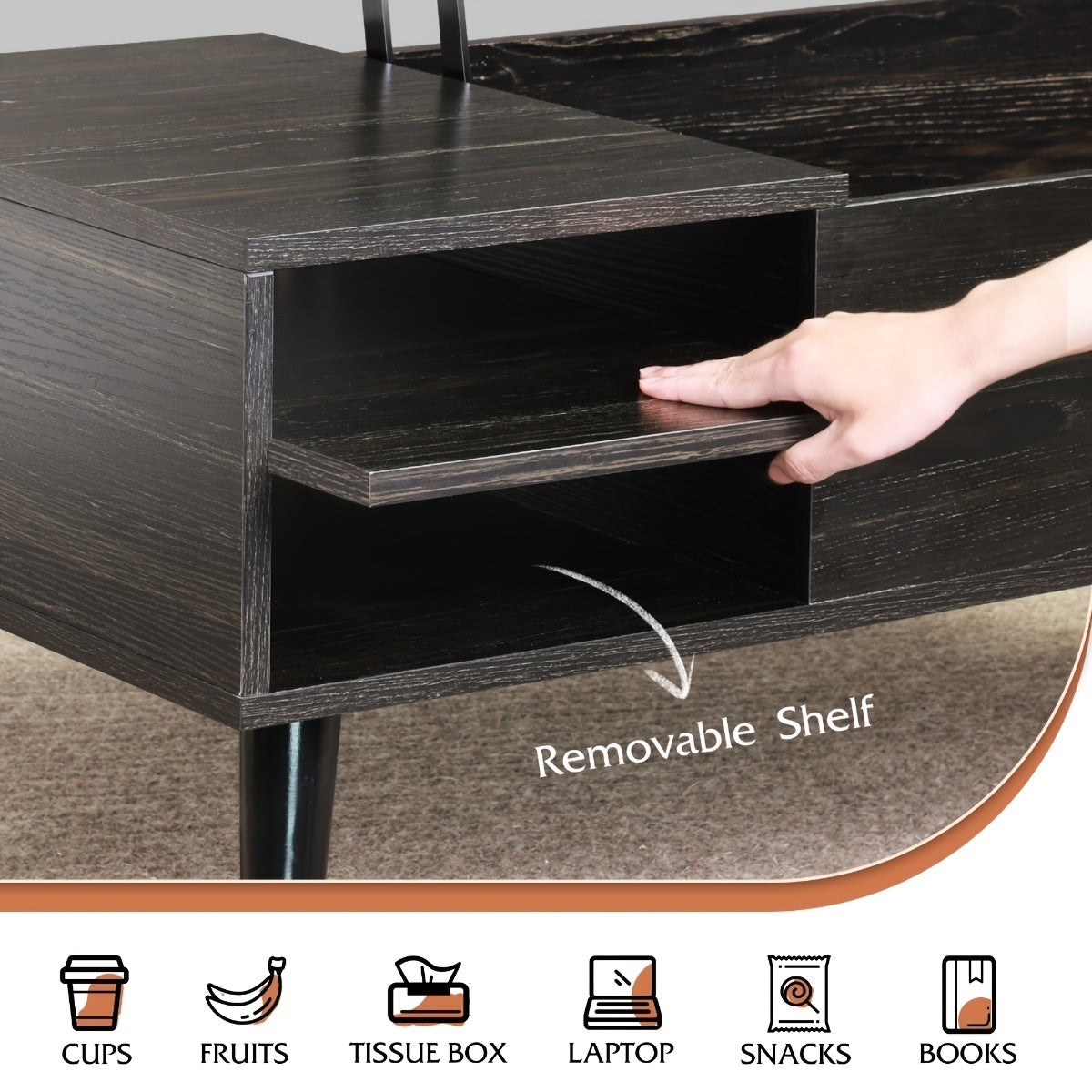 Adjustable Lift Top Coffee Table with Hidden Storage Shelf & Large Lift Tabletop - MDF Modern Lift-Top Center Table Suitable for Living Room, Office, Dining Room, Space-Saving Furniture with Hidden Compartment and Adjustable Shelves