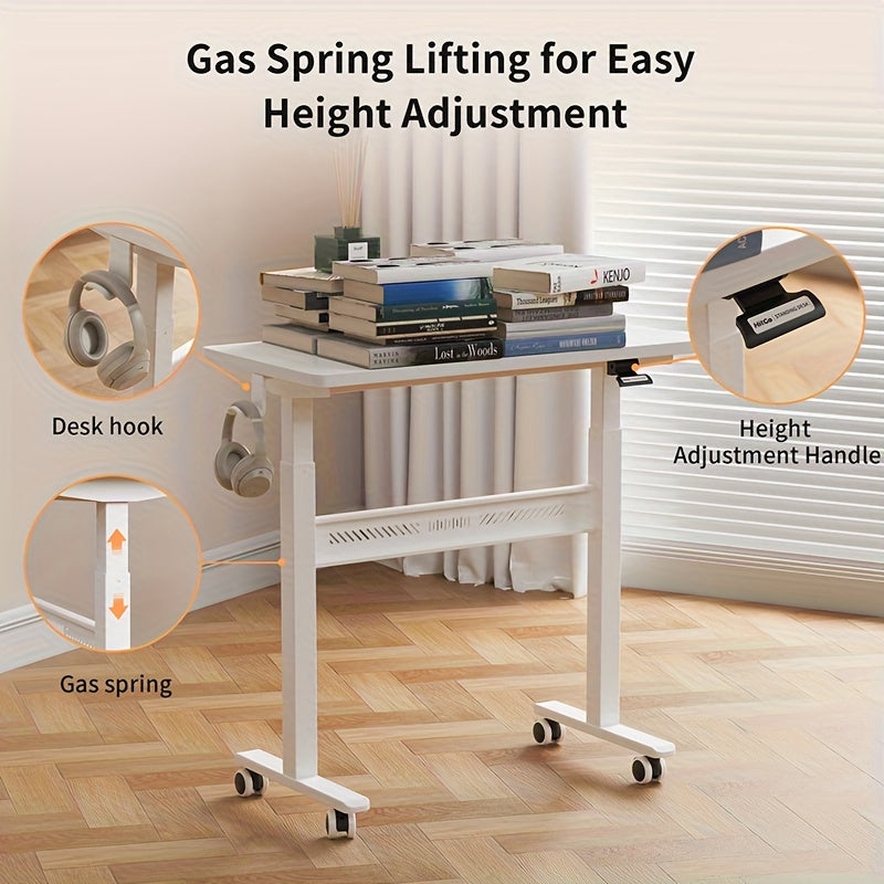 Wheeled Mobile Standing Desk, Pneumatically Adjustable Height Desk for Walking, Rolling Computer Workstation for Home Office
