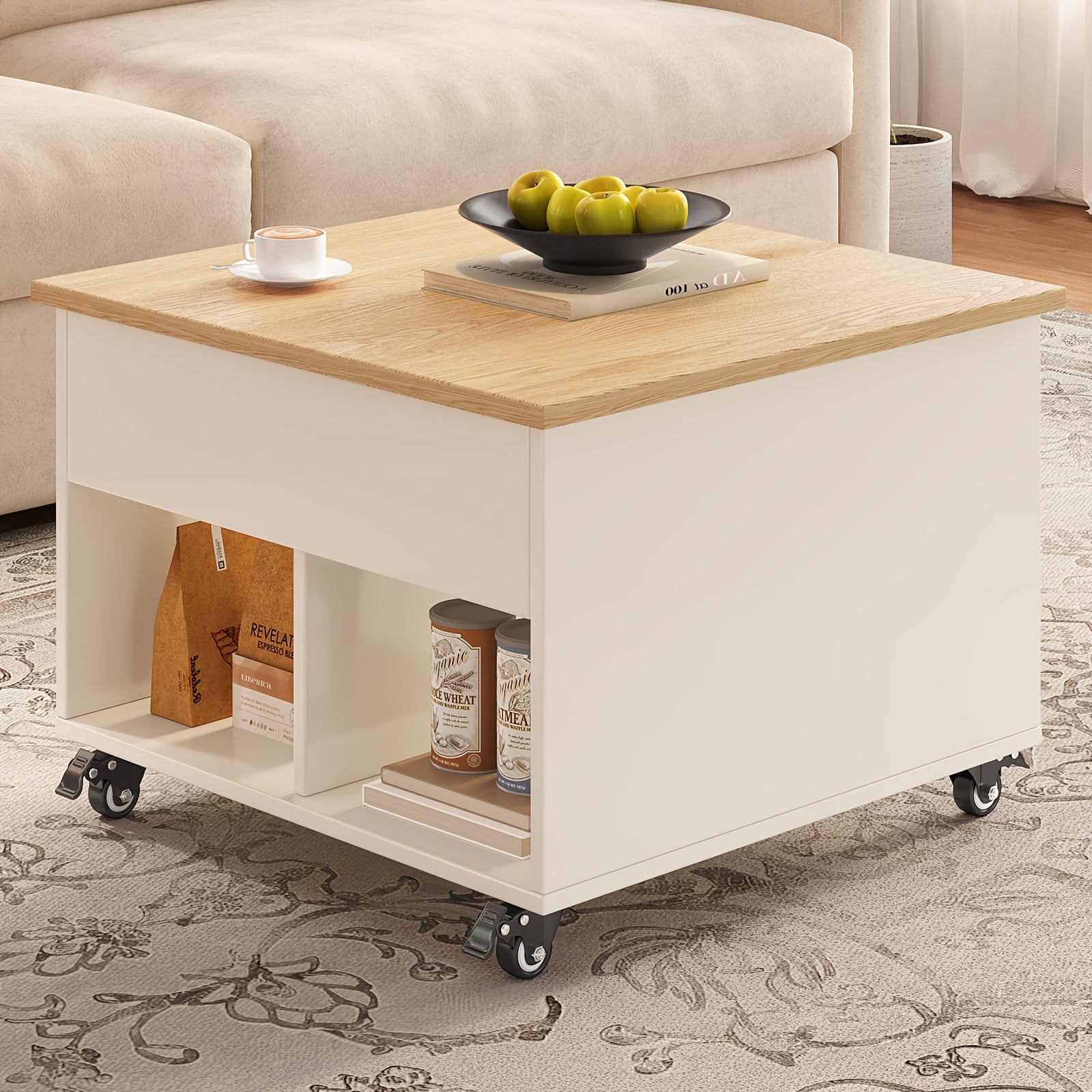 Lift-style Side Table with Storage Function | 23.62 Inches Square Adjustable Height, Lockable Casters, Modern Style with Hidden Storage Compartments, Suitable for Living Rooms, Bedrooms, and Sofas as a Mobile Coffee Table
