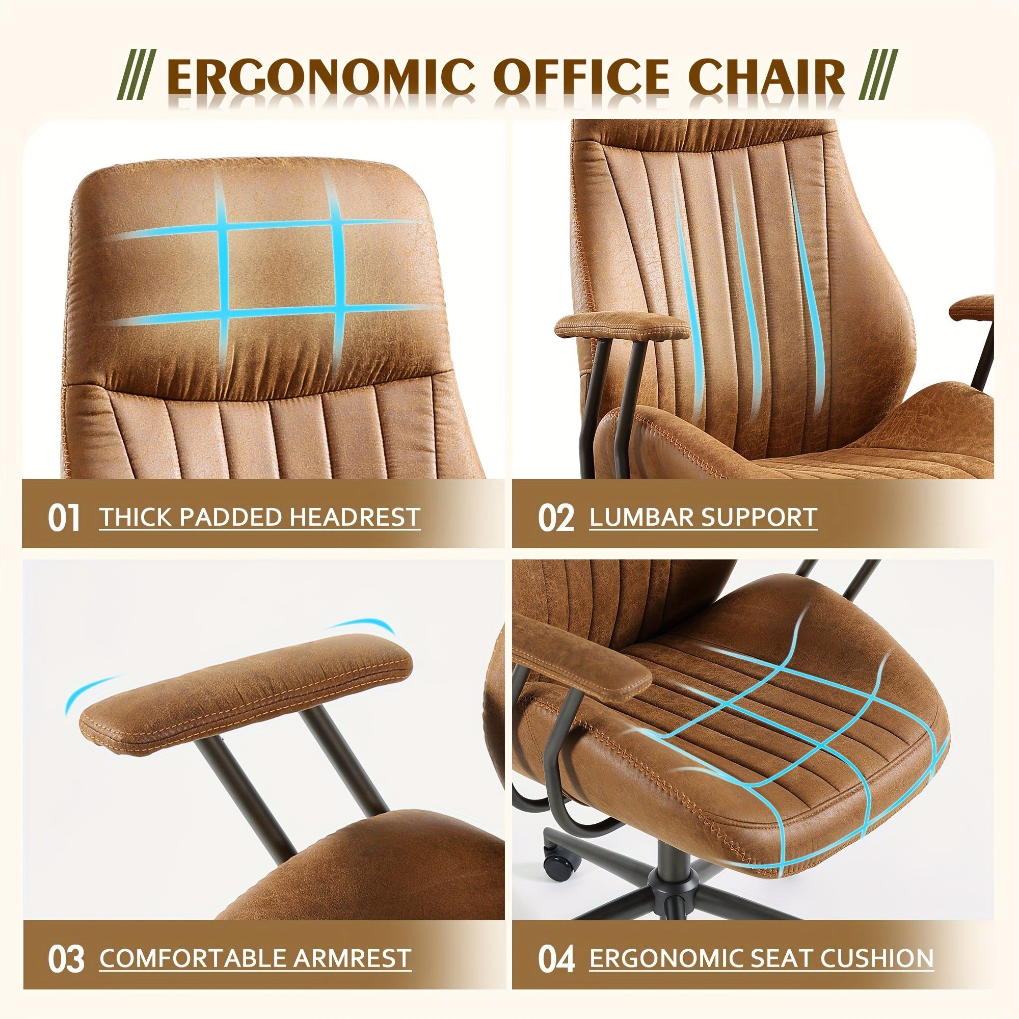 Ergonomic Office Chair with Adjustable Height, High Back Swivel Rolling Computer Chair for Home Office, Vintage Suede Fabric Executive Desk Chair with Comfortable Armrests and Lumbar Support