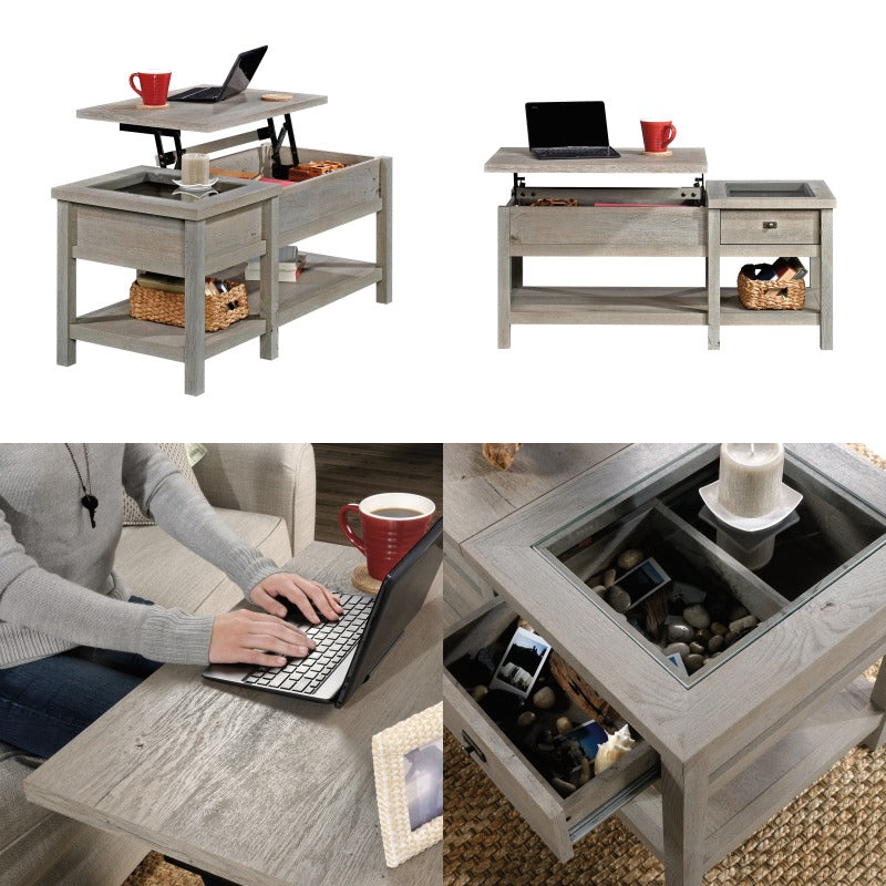 Elegant Lift-Top Coffee Table with Lift-Top Mechanism & Hidden Storage - Brown Retro-Modern Lift-Top Desk for Home Office, Non-Wood Durable, -Like Display Surface, Lower Shelf & Glide Drawer - No Assembly Required, Multifunctional Coffee Table, Furnitu...