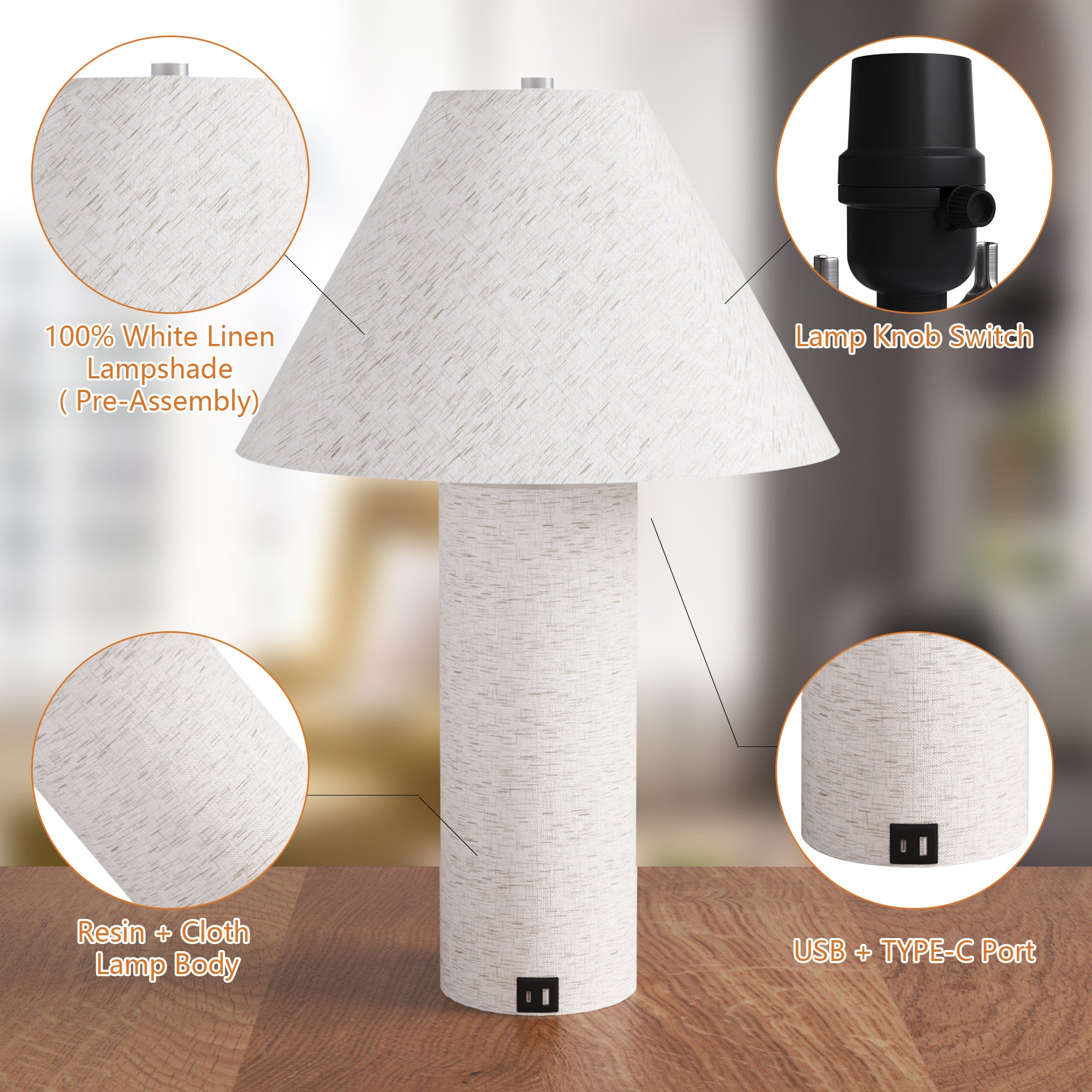 23-Inch White Table Lamp with a Modern Design and a Resin-wrapped Fabric Body, Suitable for Study Rooms, Living Rooms, Bedrooms, and Offices.