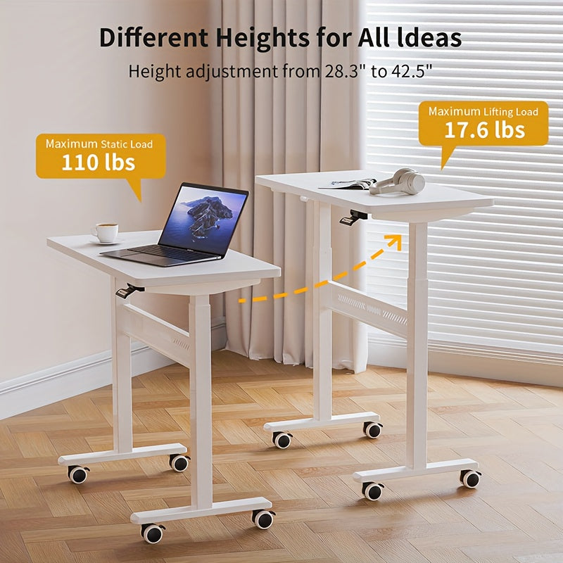 Wheeled Mobile Standing Desk, Pneumatically Adjustable Height Desk for Walking, Rolling Computer Workstation for Home Office
