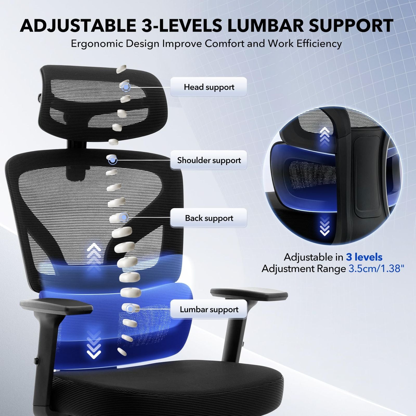 Ergonomic High-Back Office Chair with Adjustable 3D Armrests, Headrest & Lumbar Support - Breathable Mesh Swivel Computer Desk Chair Suitable for Home Office, Gaming, Heavy Duty, Suitable for Hard Floors, Assembly