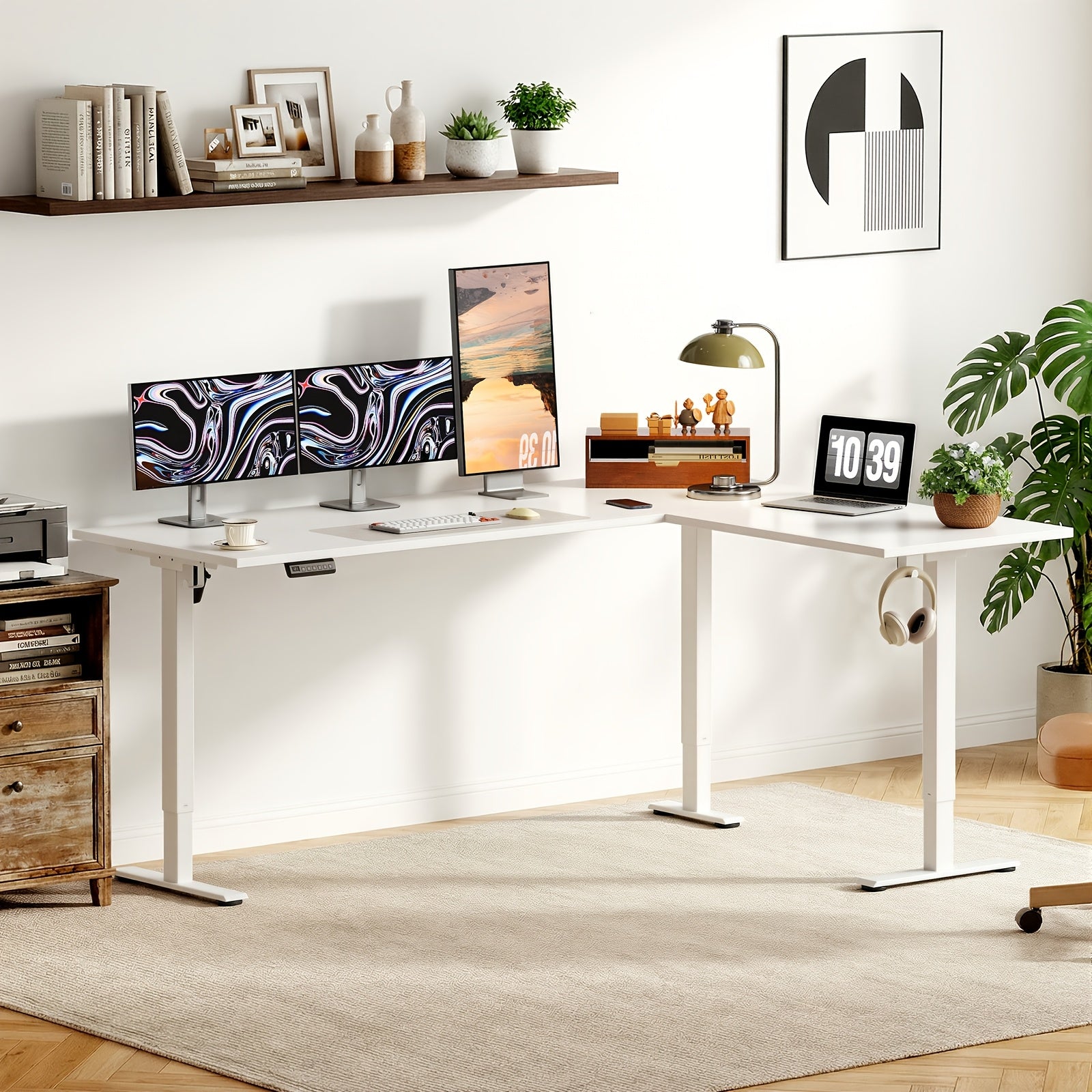 Electric L Shaped Standing Desk 63 Inch, Height Adjustable Corner Desk, Reversible Sit Stand Workstation For Home Office Or Reception Room