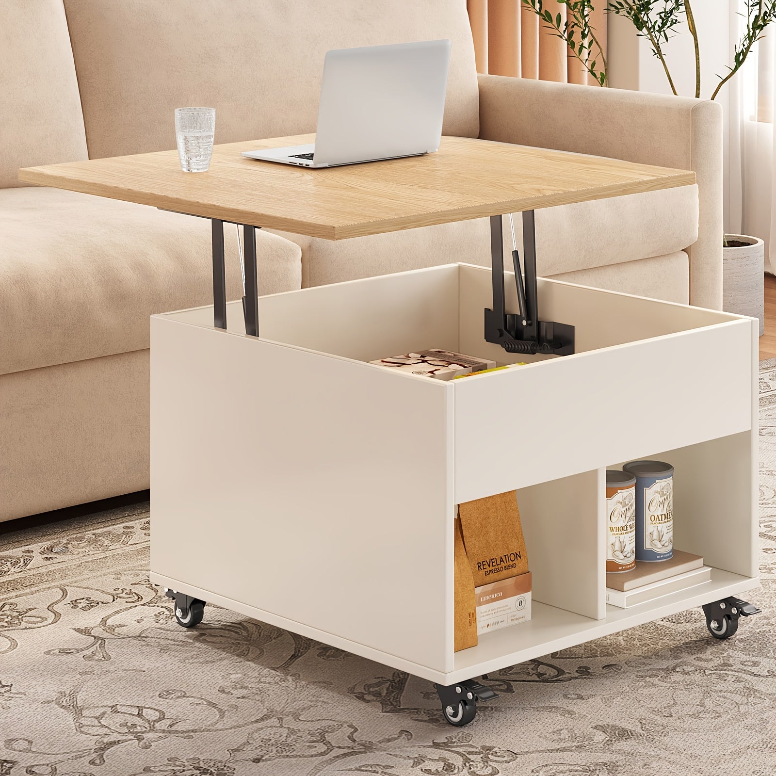 Lift-style Side Table with Storage Function | 23.62 Inches Square Adjustable Height, Lockable Casters, Modern Style with Hidden Storage Compartments, Suitable for Living Rooms, Bedrooms, and Sofas as a Mobile Coffee Table