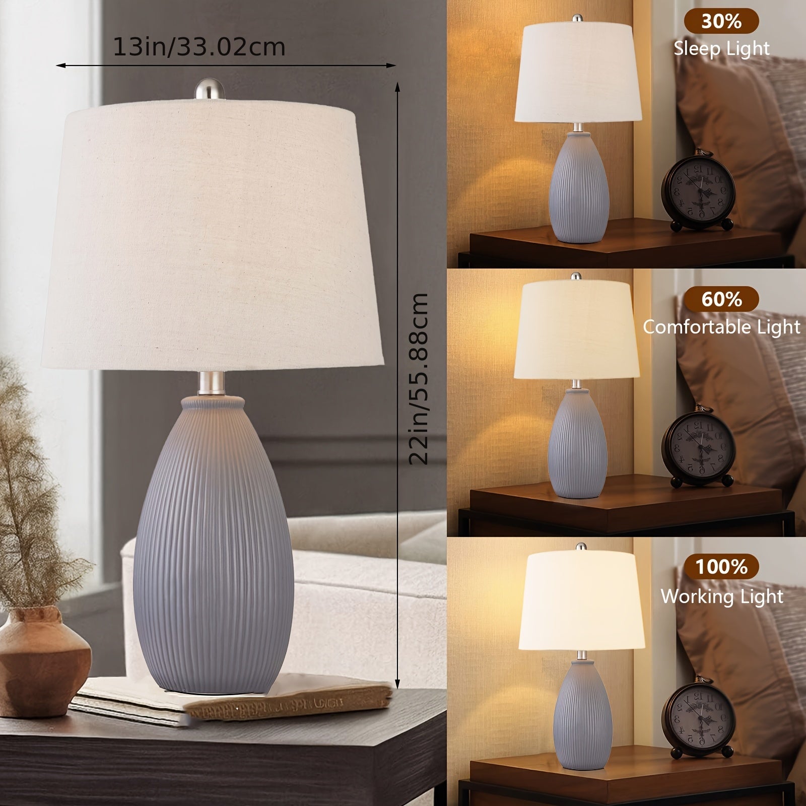 22 Inches Ceramic Table Lamps Set Of 2, 3-Way Dimmable Bedside Nightstand Lamps with Oatmeal Shade, Modern Grey\u002FBrown Desk Lamps for Bedroom, Living Room, Office, Study