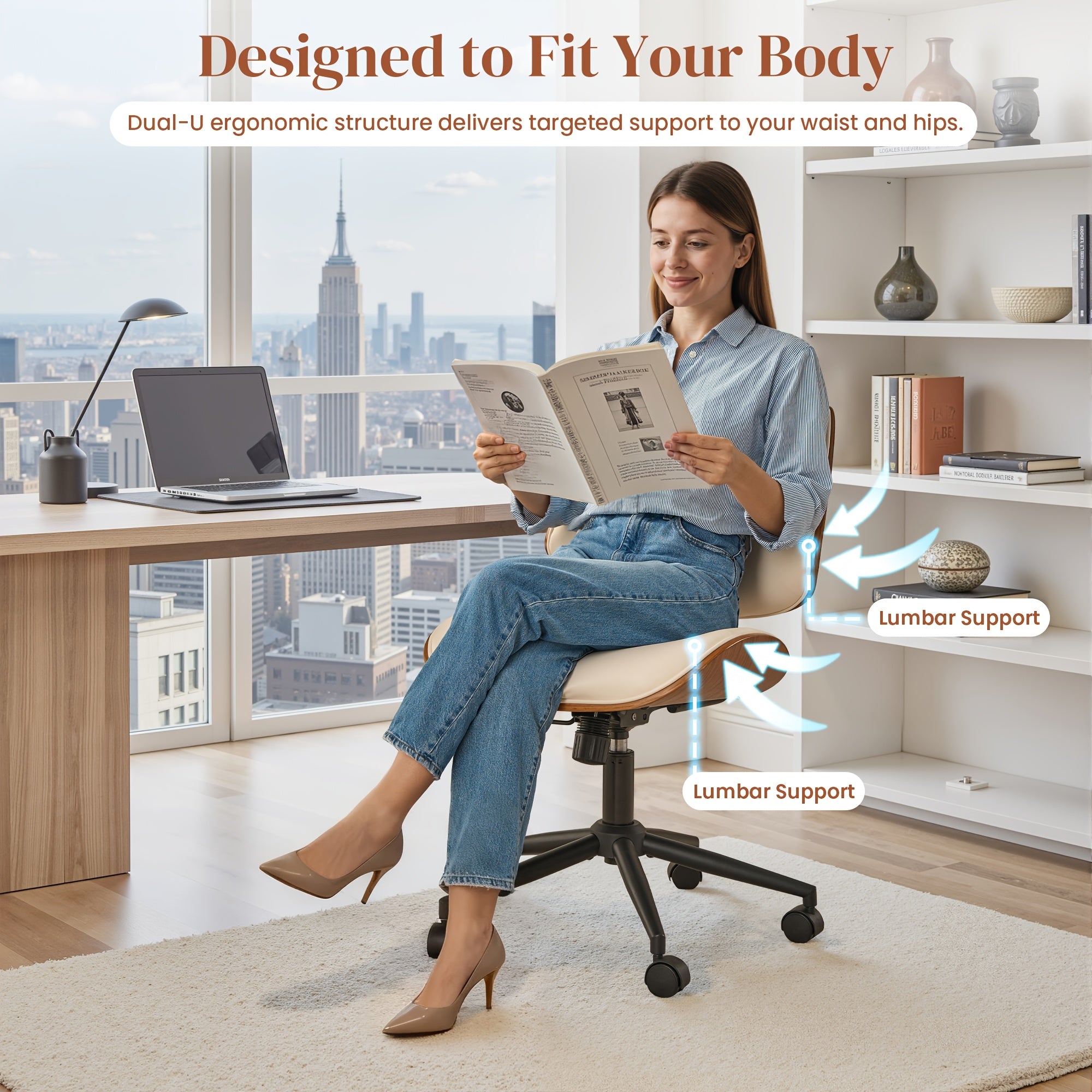 Contemporary Curved Office Seat, Armless Faux Leather Desk Chair Ideal for Limited Areas, Faux Leather Ergonomic Mid-Century Modern Swivel Chair, Compact Computer & Task Chair for Home (Available in 2 Styles)