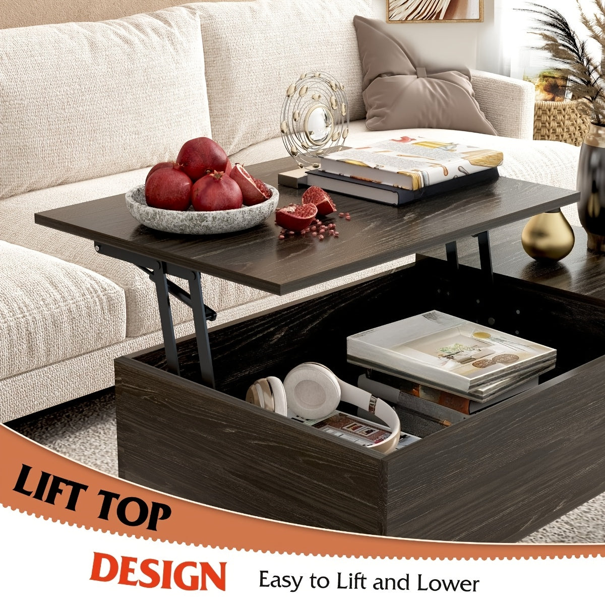 Adjustable Lift Top Coffee Table with Hidden Storage Shelf & Large Lift Tabletop - MDF Modern Lift-Top Center Table Suitable for Living Room, Office, Dining Room, Space-Saving Furniture with Hidden Compartment and Adjustable Shelves