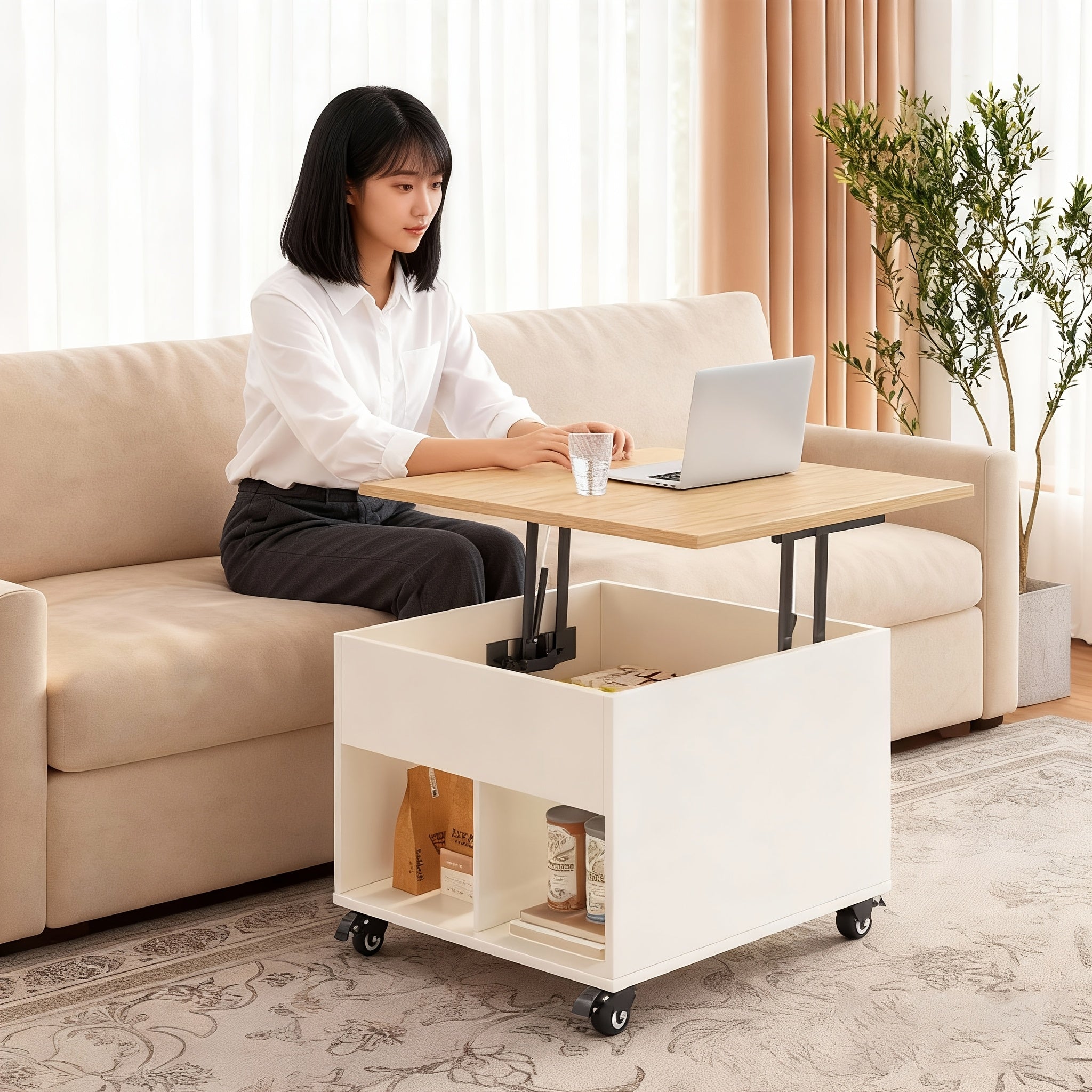 Lift-style Side Table with Storage Function | 23.62 Inches Square Adjustable Height, Lockable Casters, Modern Style with Hidden Storage Compartments, Suitable for Living Rooms, Bedrooms, and Sofas as a Mobile Coffee Table