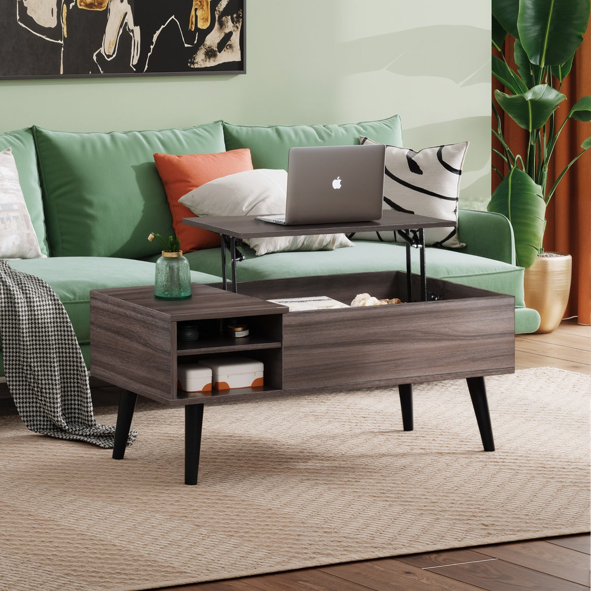 Adjustable Lift Top Coffee Table with Hidden Storage Shelf & Large Lift Tabletop - MDF Modern Lift-Top Center Table Suitable for Living Room, Office, Dining Room, Space-Saving Furniture with Hidden Compartment and Adjustable Shelves